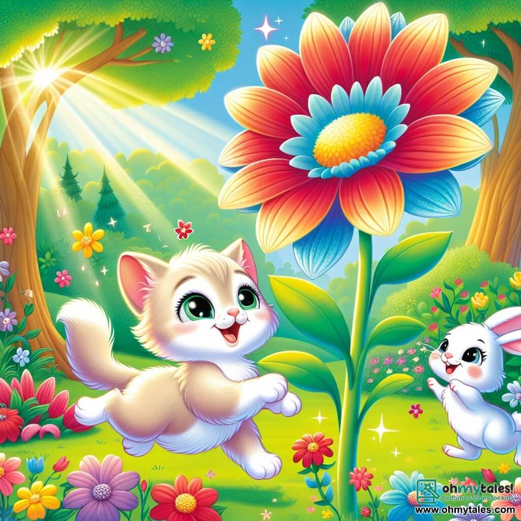 A little cat named Whiskers, with soft, silky cream-colored fur and sparkling green eyes, joyfully dances around a huge colorful flower with bright red, yellow, and blue petals, wearing a big smile on his face. Next to him, a small rabbit named Bunny, with white fur and long, upright ears, enthusiastically hops, his eyes shining with joy. They are in a magical garden filled with shimmering flowers, majestic trees, and a gentle ray of sunshine illuminating the scene. The main situation shows Whiskers and Bunny celebrating their discovery of the largest flower in the garden, surrounded by vibrant colors and a cheerful atmosphere.