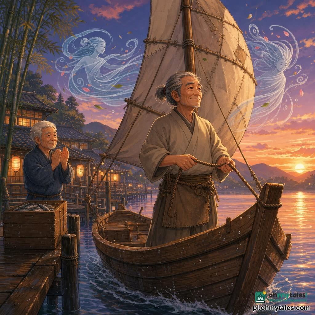 Stary mężczyzna Hiroshi, uśmiechnięty i pogodny, z szarymi włosami w niskim koczku, ubrany w prosty beżowy kimono i sznurkowy fartuch, stoi na łodzi „Kaze”, trzyma naprawioną halsówkę i dumnie patrzy w horyzont; starszy mężczyzna Taro, o białych włosach i w niebieskiej wełnianej kurtce, stoi na drewnianym pomoście z lewej strony za skrzynią z ryb i cicho klaszcze; dwa duchy wiatru jako przezroczyste niebiesko-srebrne wiry z motywami liści i płatków kręcą się wokół masztu i naprawionych żagli; miejsce: spokojne jezioro o zmierzchu z lustrem wody odbijającym pomarańczowe i fioletowe barwy, zużyty drewniany pomost, drewniane japońskie domy z dachówkami, wiszące papierowe latarnie, wzgórza i bambusy w tle; scena: łódź „Kaze” właśnie odpłynęła, świeżo zszyte żagle napinają się na lekkim wietrze, atmosfera jasna i spokojna, nacisk na faktury drewna, widoczne szwy żagli i błyszczące krople schnącego deszczu.