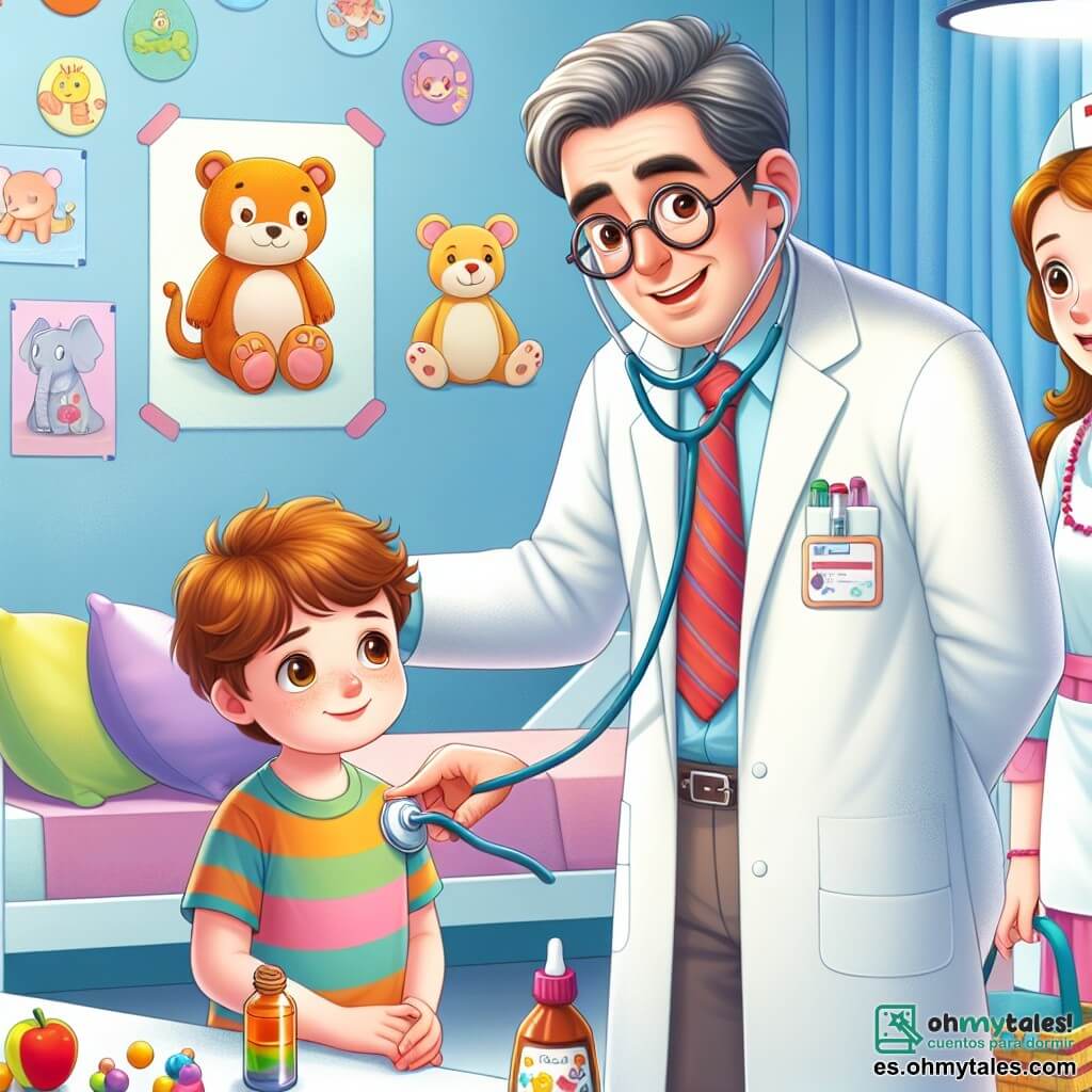 Un médico, el Dr. Pablo, es un hombre de unos cincuenta años con cabello castaño ligeramente canoso y gafas redondas. Lleva una bata blanca brillante y una sonrisa cálida en su rostro, mientras escucha el corazón de un niño con un estetoscopio. A su lado, una enfermera llamada Ana, una mujer de unos 30 años con cabello largo y rizado, lleva un uniforme colorido. Sostiene un frasco de jarabe y mira al Dr. Pablo con una sonrisa alentadora, lista para ayudar. La escena se desarrolla en una sala de hospital luminosa y acogedora, decorada con dibujos de animales y colores vivos, con juguetes esparcidos sobre una mesa. En esta situación, el Dr. Pablo tranquiliza a un niño llamado Tomás, que parece preocupado, explicándole lo que va a hacer para ayudarlo a sentirse mejor.