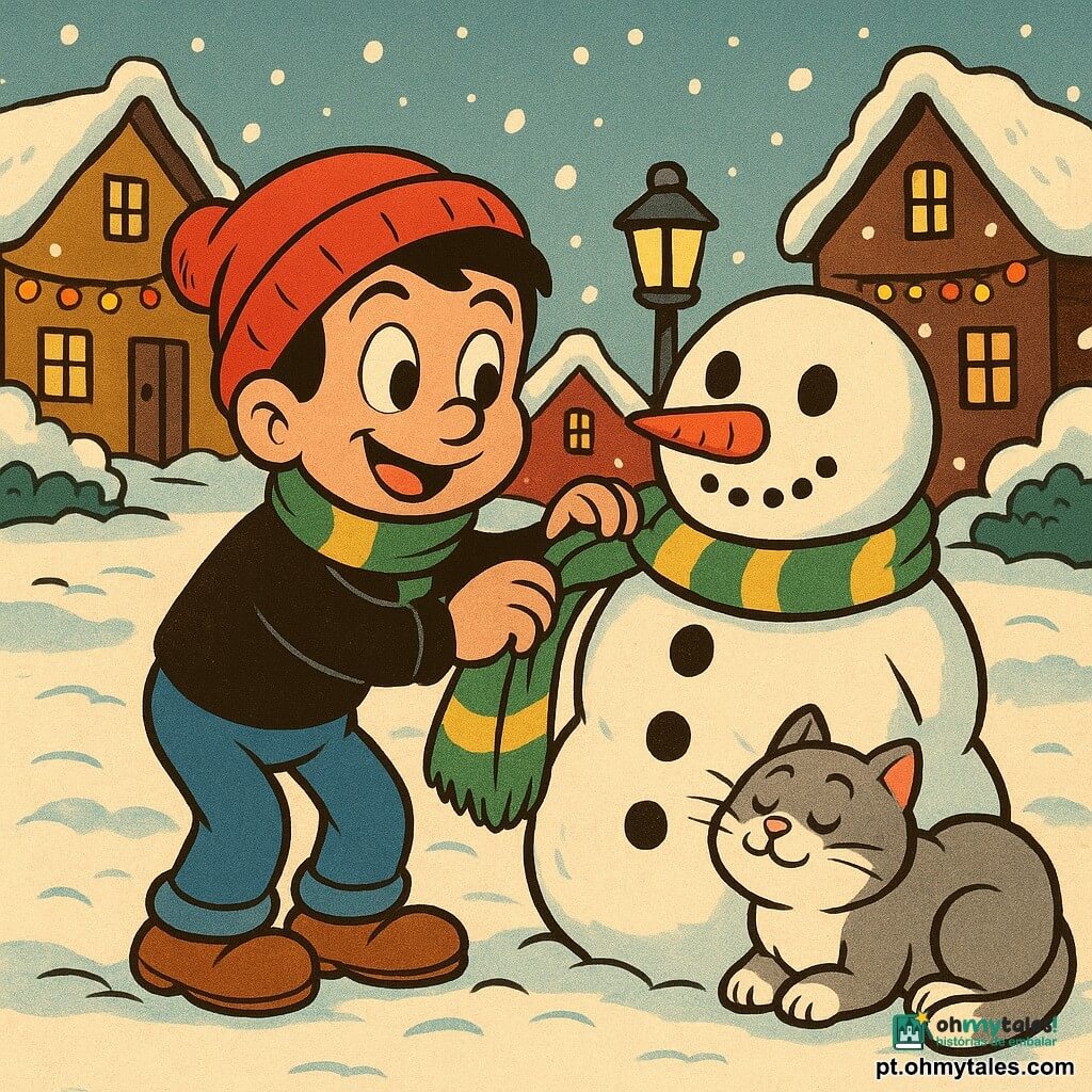 Tomás, um menino de 10 anos com um rosto sorridente e olhos brilhantes de travessura, usa um gorro vermelho ligeiramente torto. Ele está amarrando um cachecol verde e dourado no pescoço de um grande boneco de neve. Ao seu lado, um gato rechonchudo chamado Mimoso, com pelagem cinza e branca, observa a cena enquanto se esfrega na perna do menino. A cena acontece em uma praça de vila coberta de neve, cercada por casas com telhados nevados e luzes de Natal cintilantes. No centro, o boneco de neve é decorado com botões de carvão e um nariz de cenoura, com o cachecol recém-adicionado. A atmosfera é alegre e acolhedora, apesar do frio do inverno.