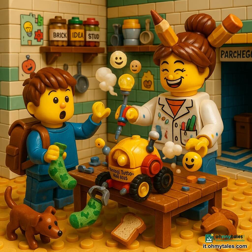 Ada, donna inventiva e sorridente con capelli raccolti a chignon a forma di matita e camice con tasche piene di attrezzi, sta concentrata a montare su un tavolo ingombro un piccolo robot rotondo; ha mani con macchie di vernice e regge un cacciavite colorato; accanto a lei c'è Nico, bambino di 6 anni a bocca aperta, con uno zainetto troppo grande, pantaloni rimboccati e ginocchia un po' sporche, che tiene un calzino blu in una mano e indica il robot con l'altra; il robot RaccogliTutto-BonBon 3000, fatto di mattoncini gialli e rossi, ha due ruote laterali, una pinza pieghevole e un'antenna con campanellino; il cane Baffo annusa a terra una fetta di pane vicino al tavolo; la cucina-appartamento è compatta, pareti con adesivi colorati, scaffali pieni di barattoli etichettati e un grande ripostiglio aperto con scritto PARCHEGGIO e un tappeto blu a righe; la scena mostra il robot che aspira un calzino a tema dinosauri mentre una fetta di pane tostato fuoriesce dallo scomparto sprigionando un soffio di vapore alla vaniglia, il tutto in un'atmosfera luminosa e calda con palette vivace (giallo, rosso, blu), texture dei mattoncini tipo LEGO ben marcate ed espressioni facciali esagerate e gioiose.