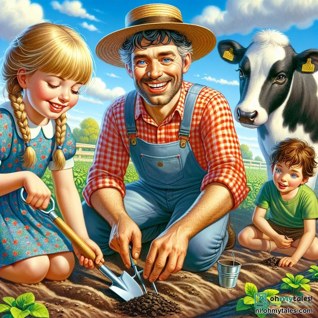 Een man, Boer Jan, staat in het midden van de afbeelding, breed glimlachend met sprankelende ogen van vreugde. Hij draagt een rood geruit overhemd en een strohoed, en hij is bezig met het planten van zaden in de grond, omringd door kleine hoopjes aarde. Naast hem staat een meisje genaamd Lisa, ongeveer 8 jaar oud, met gevlochten blond haar en een blauwe jurk met bloemen. Ze kijkt aandachtig naar Boer Jan en houdt een kleine plastic schop vast. Een jongen genaamd Tom, 7 jaar oud, is iets verderop met rommelig bruin haar en een groene t-shirt. Hij knielt om een koe te voeren die nieuwsgierig bij hem staat. De scène speelt zich af op een groene weide, onder een heldere blauwe lucht met enkele witte wolken. Kleurrijke bloemen groeien om hen heen en in de verte is een rode schuur en majestueuze bomen te zien. De hoofdscène toont Boer Jan die de kinderen leert hoe ze zaden moeten planten door kleine hoopjes te vormen, terwijl ze samen plezier maken en leren, wat een vrolijke en gezellige sfeer op de boerderij creëert.