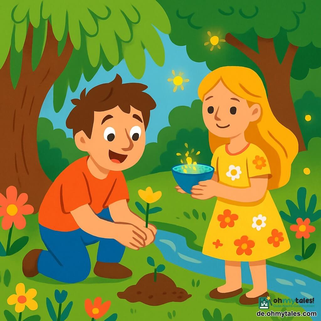 Ein Mann namens Lukas, etwa dreißig Jahre alt, mit zerzausten braunen Haaren und neugierigen Augen, steht am Ufer eines funkelnden Baches. Sein Gesicht drückt Freude und Staunen aus, während er eine kleine goldene Blume in seinen Händen hält. Neben ihm steht eine junge Frau namens Mira, etwa 25 Jahre alt, mit langen blonden Haaren und sanften, seenähnlichen Augen, die Lukas zärtlich anlächelt. Sie trägt ein leichtes Kleid mit floralen Mustern und hält einen kleinen Becher voller funkelnder Sterne. Der Ort ist ein wunderschöner verzauberter Wald mit majestätischen Bäumen und bunten Blumen, die im Wind tanzen. Glühwürmchen erleuchten die Luft und schaffen eine magische, warme Atmosphäre. Die Hauptsituation zeigt Lukas und Mira, wie sie unter einer alten Weide einen kleinen Samen pflanzen, umgeben von Licht und Natur, was ihre wachsende Liebe und ihr Versprechen symbolisiert, das Licht ihrer Herzen zu teilen.