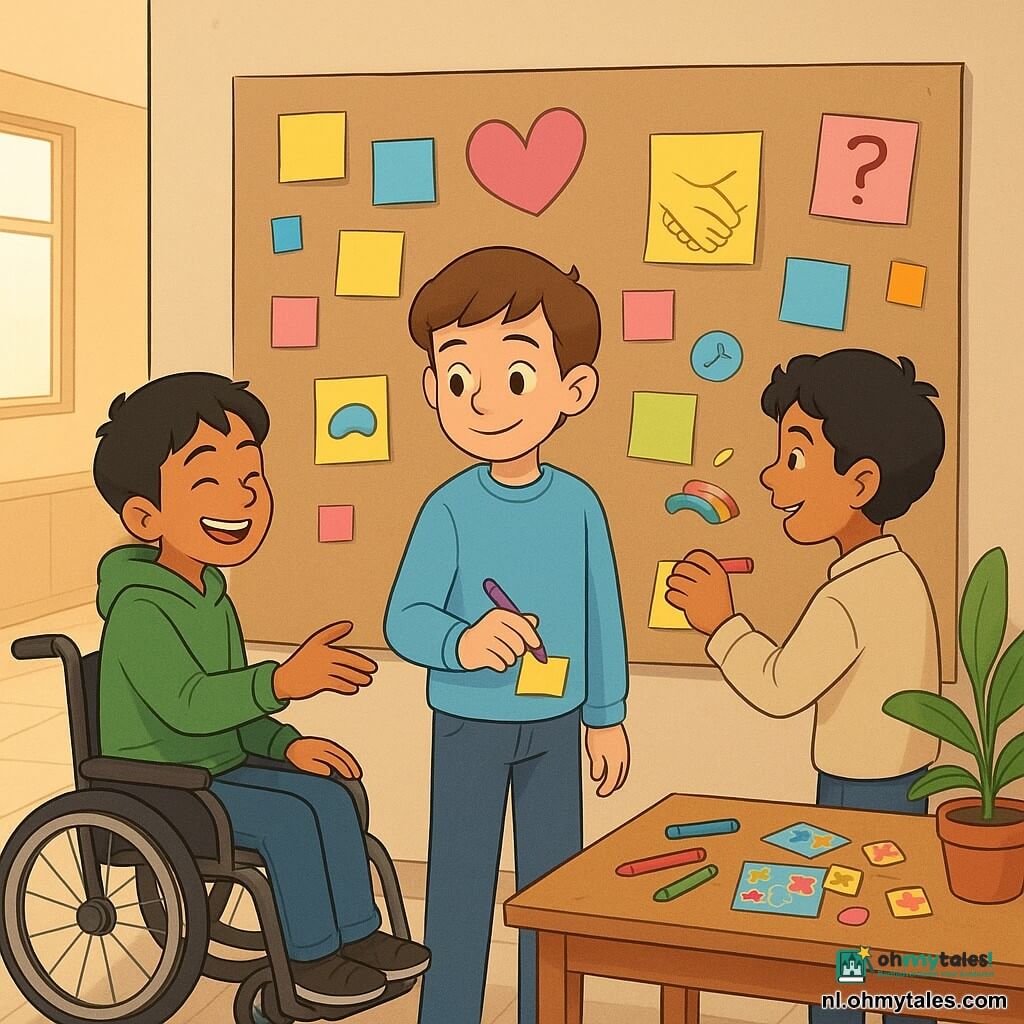 Vier jongens maken samen een "muur van vriendelijkheid" in een goed verlichte schoolgang met beige muren en licht tegelvloer: Milan (±11 jaar, licht huid, kort bruin haar, lichtblauwe trui en spijkerbroek) staat in het midden voor een kartonnen muurschildering en schrijft rustig een kort briefje met een zachte glimlach; links Daan (±11, licht huid, kort zwart haar, rolstoel, groen sweatshirt) reikt een stift aan en lacht; rechts Milan staat Youssef (±10–12, licht gebruind, kastanjebruin haar, rode jas) die een stapel kleurrijke stickers vasthoudt en vrolijk trekt; iets naar achteren rechts Amir (±11, Arabische afkomst, olijfkleurige huid, golvend zwart haar, lichte blouse) tekent een klein bruggetje in kleur en plakt het op de muurschildering. Op de muur een grote kartonnen mural vol gekleurde post-its, handgeschreven briefjes, tekeningen (hand die helpt, bruggetje), glanzende stickers en een hoekje met een vraag; op een klein tafeltje liggen stiften en stickers, er staat een potplant en een houten bank, zachte namiddaglicht valt door een raam en de sfeer is warm, tolerant en coöperatief met frisse maar kalmerende kleuren.
