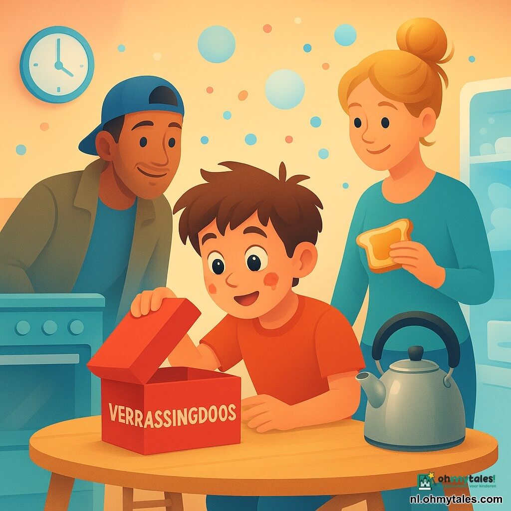 Een 8‑jarige jongen met warrig bruin haar en confituurvlekken op zijn wang, ogen groot en verwonderd, hurkt voor een kleine kartonnen doos met "VERRASSINGSDOOS" op tafel en tilt voorzichtig het deksel op; een ongeveer 35‑jarige moeder met blond haar in een slordige knot en een toegeeflijke glimlach staat rechts bij de gootsteen met een nog warme boterham uit de waterkoker en kijkt toe; links staat de ongeveer 38‑jarige vader met beginnende baard en jas nog op de schouders, pet speels op het hoofd, amusement op zijn gezicht. De keuken is excentriek en kleurrijk: lichte houten tafel, stoel als schommel onder de tafel, zilveren open waterkoker met opgestapelde sneetjes brood, witte koelkast die een wolk van bleekblauwe ijsdeeltjes inzuigt, klok waarvan de wijzers achteruitgaan, rondzwevende confetti en doorschijnende bellen. Hoofdgebeuren: een eigenzinnige ontdekkingsmoment — de jongen opent de pratende doos in een absurde keuken; zachte verlichting en pasteltinten met felle accenten (aardbeirood voor de doos, hemelsblauw voor de bellen), centrale compositie rond het trio en de doos, gladde texturen, zachte schaduwen, duidelijke gelaatsuitdrukkingen, speelse en troostrijke sfeer.