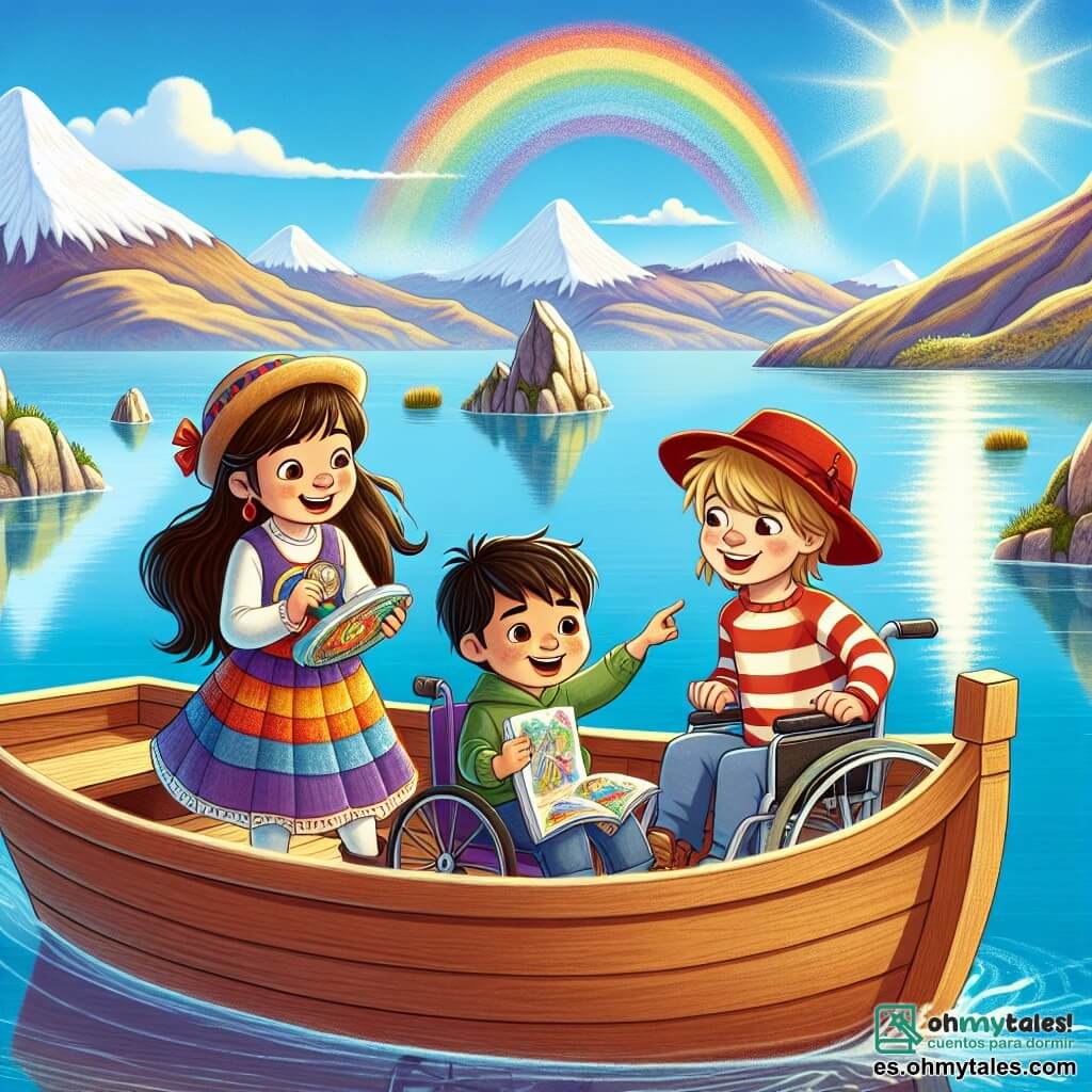 En un bote de madera flotando en el lago Titicaca, tres niños están reunidos. Ana, una niña de 10 años con largos cabellos castaños y un vestido colorido, sostiene una piedra brillante en sus manos, maravillada. A su lado, Miguel, un niño de 9 años con una gorra roja y una camiseta a rayas, señala un hermoso arcoíris en el cielo. Por último, José, un niño de 11 años en silla de ruedas, sonríe mostrando su dibujo del lago en una hoja de papel, sentado en la parte trasera del bote. El lago Titicaca es de un azul brillante, rodeado de majestuosas montañas con cumbres nevadas, y se dibujan islas flotantes de totora en el horizonte. El cielo está claro, pero algunas nubes blancas dejan entrever el sol que brilla. Los niños viven una aventura mágica, descubriendo la belleza del lago y compartiendo historias mientras admiran el paisaje encantador que los rodea.
