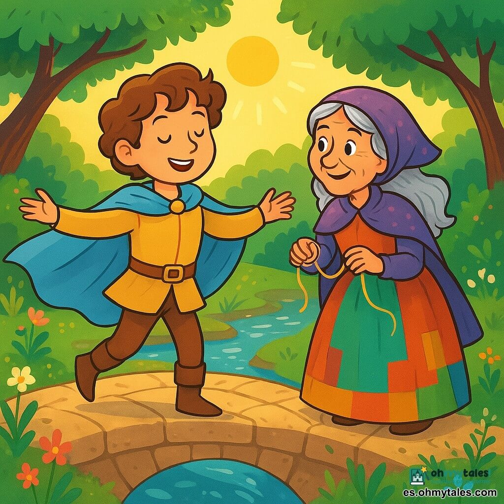 Un príncipe de rostro dulce y sereno, con cabello castaño ondulado y una capa azul celeste ondeando al viento, gira sobre sí mismo con una sonrisa maravillada, con los brazos abiertos como si bailara con el viento. A su lado, una anciana traviesa de ojos brillantes y cabello plateado, vestida con un vestido colorido, observa con benevolencia, sosteniendo un hilo dorado en sus manos. El escenario se sitúa en un viejo puente de piedra, rodeado de flores silvestres y arroyos brillantes, donde los rayos del sol filtran a través de las hojas de los árboles, creando sombras danzantes en el suelo. El príncipe, en plena rotación, busca encontrar su equilibrio y su verdad, mientras la anciana le sonríe, animándolo en su búsqueda de autodescubrimiento.