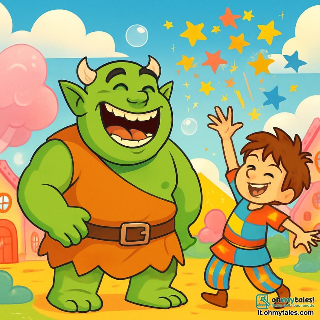 Un orco gioioso, di nome Grogo, con una pelle verde brillante e occhi scintillanti di malizia, si trova al centro della scena, ridendo a crepapelle. Ha braccia muscolose e un ampio sorriso che rivela denti bianchi e brillanti. Accanto a lui, un ragazzino di 10 anni, di nome Gigetto, con capelli castani arruffati e un volto birichino, lancia stelle scintillanti nell'aria, creando una pioggia di colori vivaci. Gigetto indossa una tunica colorata e pantaloni a righe, che aggiungono alla sua allegria. Lo scenario è un villaggio incantevole, con case di caramelle dai colori pastello, alberi di zucchero filato e un cielo blu punteggiato di nuvole a forma di marshmallow. Sullo sfondo, colline di gelatina brillano al sole, mentre bolle giganti fluttuano intorno ai personaggi, aggiungendo un tocco di magia all'atmosfera. La scena principale mostra Grogo e Gigetto in una competizione di barzellette, circondati da Ogrins divertiti che ridono e applaudono. Le bolle di sapone giganti, create da Gigetto, si alzano nell'aria, mentre Grogo cerca di giocolare con torte che cadono dolcemente attorno a loro, provocando risate contagiose.