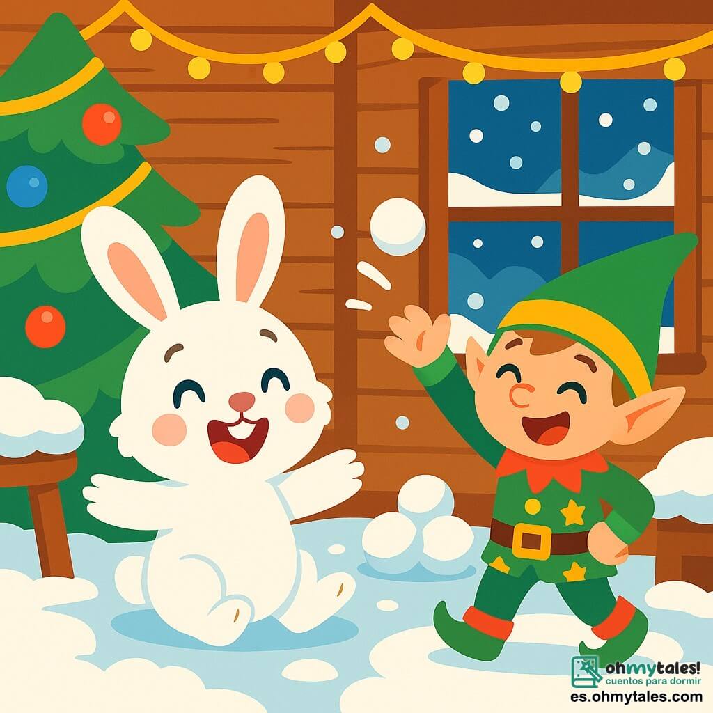 Un pequeño conejo blanco llamado Tito, con grandes orejas y ojos brillantes de alegría, está jugando en una habitación llena de nieve. Sonríe ampliamente, sus mejillas rosadas y su pelaje esponjoso contrastan con el blanco brillante de la nieve que cubre el suelo y los muebles. Junto a él, el Duende Travieso, un pequeño personaje verde con un sombrero puntiagudo y ojos traviesos, ríe mientras lanza una bola de nieve. Su rostro está iluminado por una expresión pícara, y lleva un traje colorido con estrellas doradas que brillan. La escena tiene lugar en una encantadora casa de madera, decorada con guirnaldas luminosas y un gran árbol de Navidad, cuyas ramas están cargadas de bolas de colores y guirnaldas brillantes. La nieve cae suavemente afuera, creando una atmósfera mágica. Tito y el Duende Travieso se divierten creando muñecos de nieve dentro, riendo y jugando en este decorado encantador, donde la magia de la Navidad cobra vida.