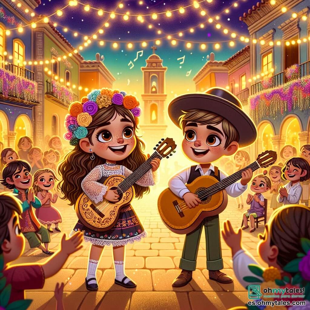 Lucía, una niña de once años, está en el centro del escenario, con largos cabellos castaños ondulados y ojos brillantes de alegría. Lleva un bonito vestido colorido y sostiene una guitarra de madera, su rostro irradia emoción mientras canta con pasión. A su lado, Miguel, un chico de su edad con cabello corto y una gorra, sonríe tocando su guitarra, aportando energía alegre a la escena. El decorado se encuentra en una hermosa plaza del pueblo, adornada con guirnaldas luminosas y flores coloridas, donde una multitud entusiasta aplaude y baila al ritmo de la música. El sol se pone en el horizonte, proyectando una luz dorada sobre el escenario, creando una atmósfera mágica y festiva. La situación principal muestra a Lucía y Miguel tocando juntos en un concierto al aire libre, compartiendo su amor por la música con el público, sus rostros iluminados por la alegría y el entusiasmo del momento.