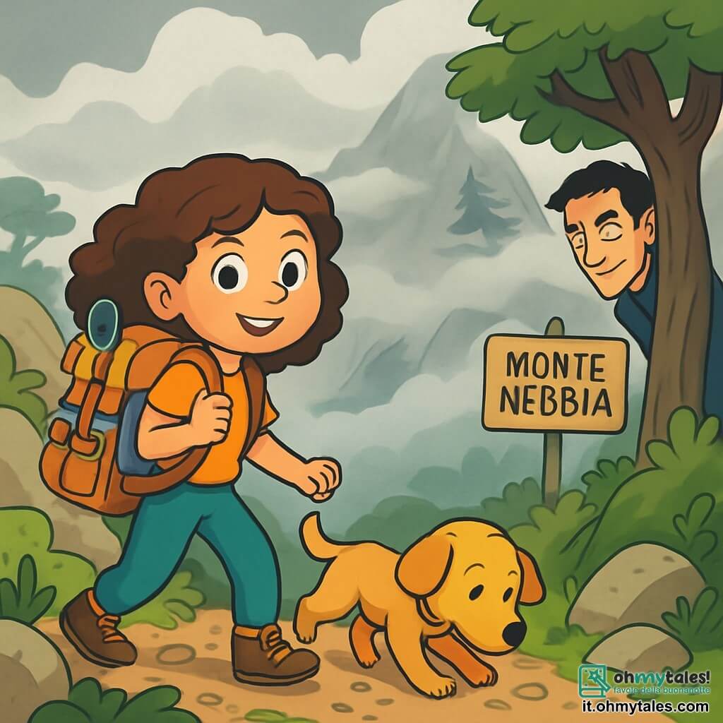 Lara, una giovane con capelli castani e ricci, porta uno zaino pieno di strumenti da esplorazione. Il suo viso esprime una gioia determinata, con occhi brillanti di curiosità. Si trova su un sentiero ripido, circondata da rocce e vegetazione lussureggiante, pronta a scalare la Montagna di Nebbia. Accanto a lei, Pico, un cane dal pelo dorato e dagli occhi maliziosi, annusa il terreno con entusiasmo, pronto per nuove avventure. Più indietro, il misterioso Signor Grifone, un uomo di una quarantina d'anni con capelli neri e un'aria subdola, osserva Lara con uno sguardo calcolatore, nascosto dietro un albero. Il paesaggio è una montagna maestosa, avvolta da una fitta nebbia, con cime scoscese e alberi contorti che sembrano danzare nel vento. Nuvole grigie fluttuano sopra, aggiungendo un'atmosfera di mistero. La scena principale mostra Lara e Pico pronti a entrare nella nebbia, determinati a raggiungere la vetta, mentre il Signor Grifone, in disparte, trama un piano subdolo per precederli.