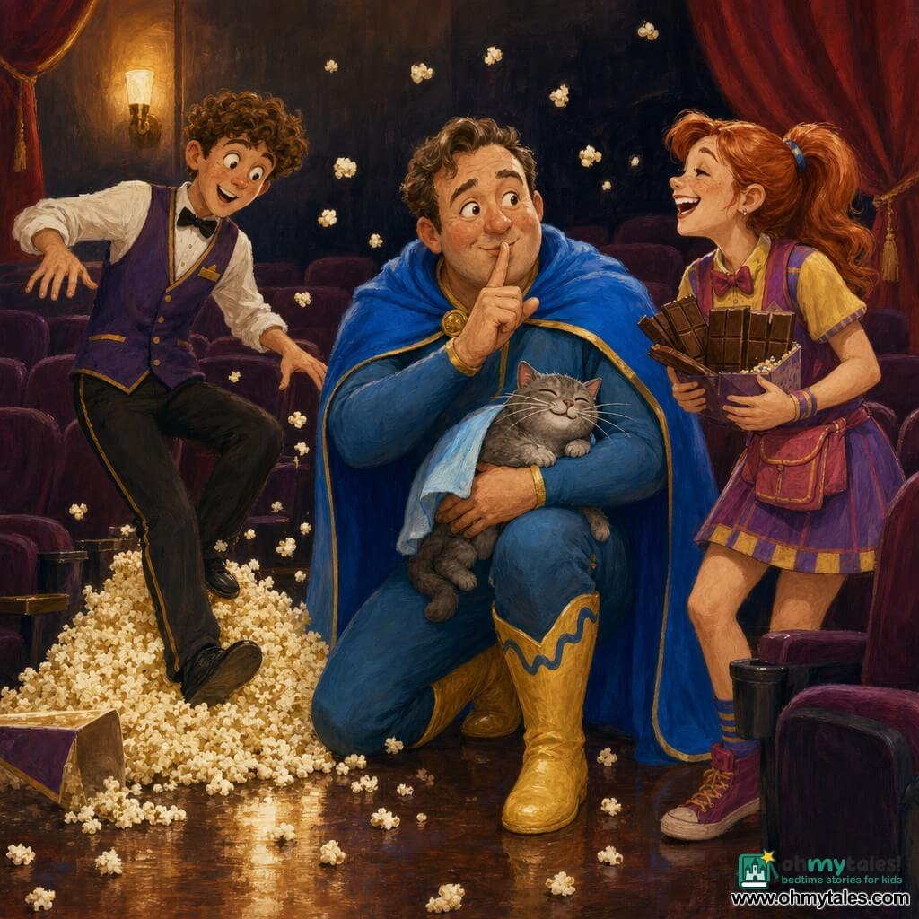 The main character is a smiling, reassuring man with a round face and sparkling eyes, wearing a bright blue cape and wavy yellow boots, kneeling center and doing a super-whisper; to the right Flashy Fran, a young woman with a red ponytail in a colorful cinema vendor outfit, holds chocolate bars and laughs; to the left Benny, a teenage boy with curly hair in an usher uniform bounces on a popcorn pile with a surprised-amused look; a costumed small gray cat with a tiny towel cape curls on the man's lap, purring with twitching whiskers; the cozy movie theater interior has thick red curtains, purple velvet seats, spilled popcorn, a sticky shiny floor and dim lights; the scene shows calm after chaos—popcorn drifting like flakes, the man whispering to soothe, characters laughing softly in a warm, funny atmosphere.