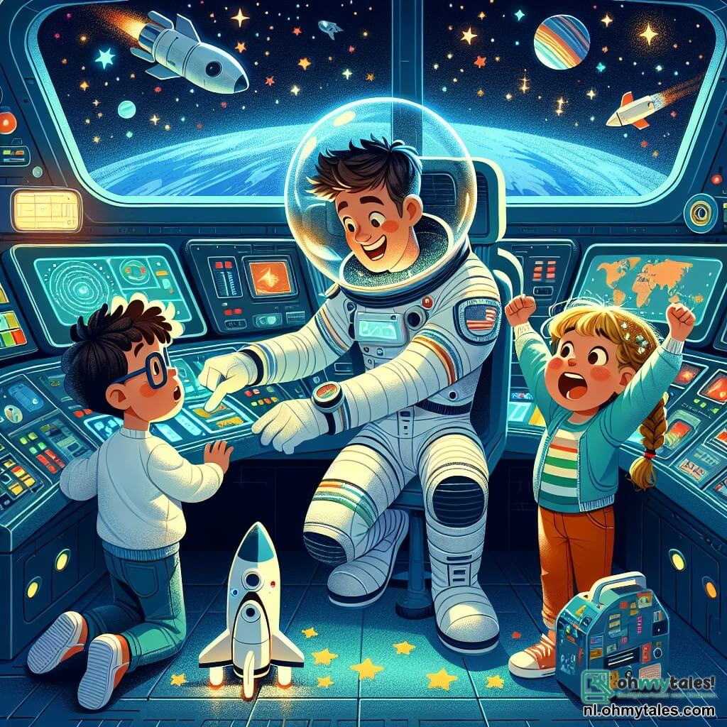 Een astronaut, Meneer Max, staat in het midden van de afbeelding, gekleed in een glanzend wit ruimtepak met een doorzichtige helm die de sterren weerspiegelt. Zijn gezicht toont opwinding en vastberadenheid terwijl hij een controlepaneel in zijn raket afstelt. Naast hem kijkt een jongen van ongeveer 8 jaar met rommelig bruin haar en een bril vol verwondering, met grote ogen. Hij houdt een klein raketmodel in zijn handen, alsof hij droomt om zelf astronaut te worden. In de hoek van de afbeelding steekt een 7-jarig meisje met blonde vlechten en een miniatuur ruimtepak haar armen in de lucht en juicht van blijdschap, terwijl ze de opwinding van het moment deelt. De scène speelt zich af in een futuristische raket met knipperende lichten, schermen die sterrenkaarten tonen en ramen die uitkijken op een oneindige sterrenhemel, waar de aarde in de verte te zien is. De hoofdactie toont Meneer Max die met de hulp van de kinderen een technisch probleem oplost terwijl de raket door de ruimte reist, wat een sfeer van avontuur en ontdekking creëert.
