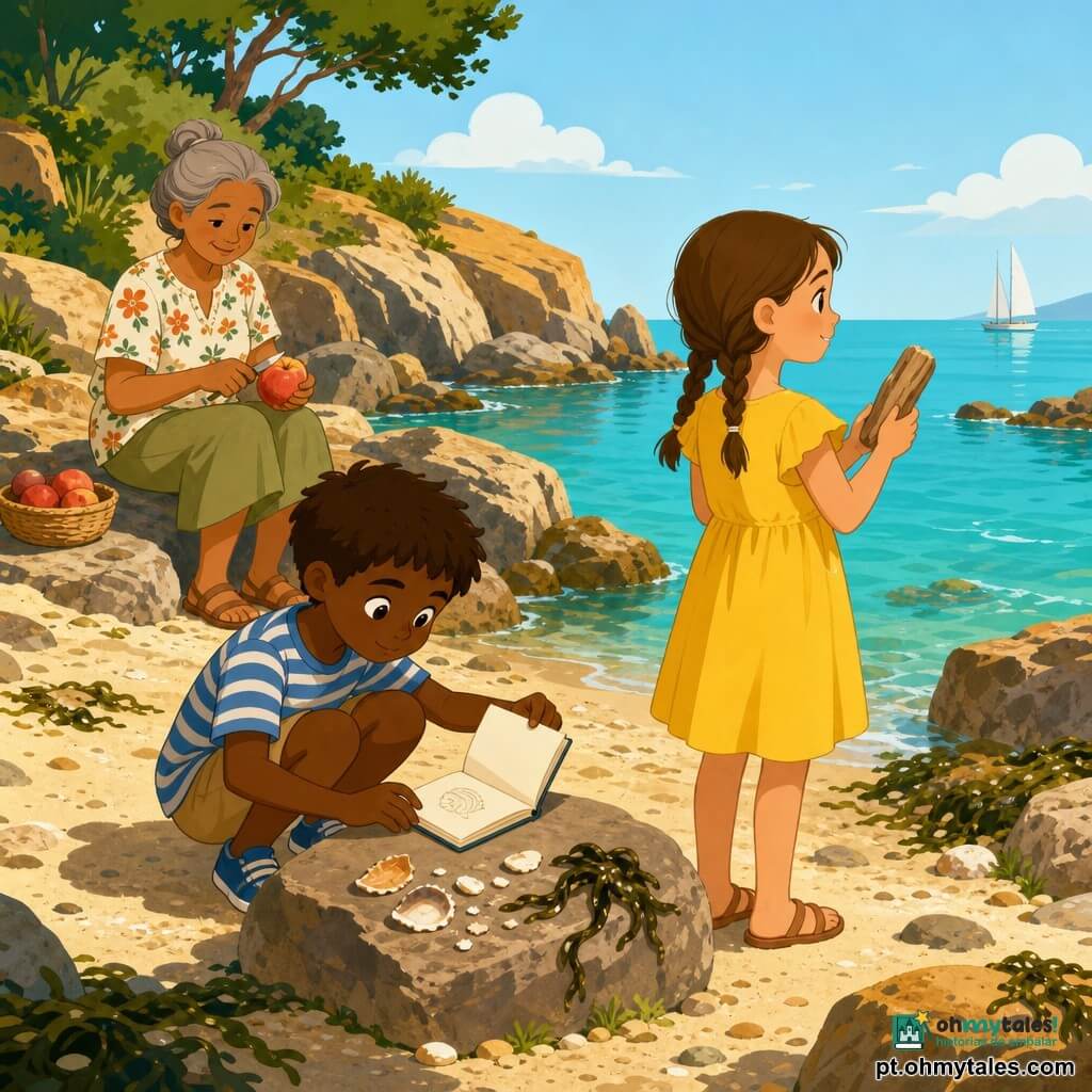 Três personagens: um menino de 9 anos, cabelo castanho curto, camiseta listrada azul, agachado à esquerda abrindo um pequeno caderno creme sobre uma pedra; uma menina de 9 anos, cabelo castanho em tranças, vestido amarelo, em pé à direita segurando um pedaço de madeira liso como um tesouro e olhando o mar; uma avó de ~65 anos, cabelo grisalho preso, blusa florida, sentada ao fundo numa rocha baixa, sorrindo e descascando um pêssego vermelho. Local: uma pequena enseada rochosa à beira-mar com água turquesa calma, algas, conchas quebradas e areia clara. Situação: as crianças descobrem um caderno "do tesouro" numa grande pedra junto à água, concentradas e maravilhadas, enquanto a avó as observa com ternura; atmosfera de verão luminosa, sombras suaves e paleta quente.