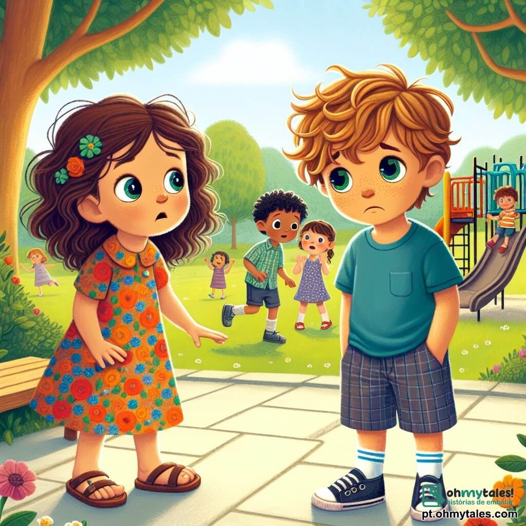 Uma menina de 4 anos, chamada Ana, com grandes olhos brilhantes e cabelos cacheados castanhos, está no centro da imagem, com uma expressão curiosa e um pouco preocupada. Ela usa um vestido colorido com flores e sandálias, olhando para seu amigo com uma expressão de preocupação. Ao lado dela, Lucas, um menino de 5 anos com cabelos loiros bagunçados e uma camiseta azul, está um pouco afastado, parecendo triste e envergonhado, com as mãos nos bolsos do seu short e olhando para o chão, percebendo que mentiu para os amigos. Ao fundo, um parque ensolarado com árvores verdes, flores coloridas e um escorregador de madeira. Crianças brincam alegremente ao redor, criando uma atmosfera de camaradagem e felicidade. A cena principal mostra Ana se aproximando de Lucas, falando suavemente para lembrá-lo da importância da verdade, enquanto outras crianças os observam com curiosidade, testemunhas dessa valiosa lição sobre honestidade e amizade.