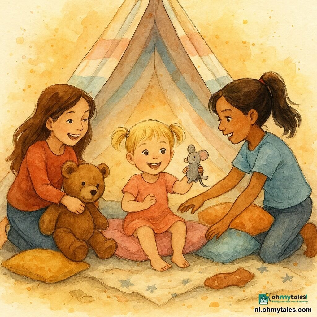 Vier kinderen: meisje 5 jaar, blond met twee staartjes, speels, zit midden in de tipi op een roze kussen en houdt een stoffen muisje omhoog naar haar zussen; meisje 8 jaar, lang, kastanjebruin haar los, glimlachend links in de tent, trekt zacht aan een grote knuffelbeer; meisje 10 jaar, bruin haar in paardenstaart, serieus maar giechelend rechts, leunt voorover en houdt de hand van de kleintste om haar te helpen niet te vallen; meisje 7 jaar, kort rood haar, ondeugend, achter de kussens klaar om te springen, lacht luid. Plaats: warme binnenruimte met een pastelgestreepte tipi, zachte gekleurde kussens (roze, mosterd, blauw), verspreide knuffels, een sterrendeken en gouden licht dat door de stof valt. Situatie: vier zussen spelen gezellig in een kussenhoek, trekken en delen een stoffen muisje midden in een stapel kussens, met blije gezichten en dynamische beweging.