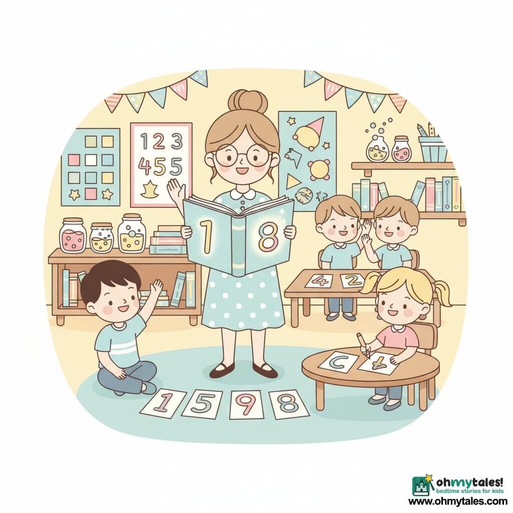 A kind, smiling female teacher with light brown hair in a loose bun and round glasses in a pastel polka-dot dress holds a large glowing open book and raises her hand to get attention; an amazed 8-year-old boy with short black hair sits in the front row to her left reaching to answer; a 7–8-year-old girl with blonde braids and laughing eyes sits to the right drawing a colorful number on a card; two other children (an 8-year-old boy and a 9-year-old girl) whisper and giggle at the back with multicolored number cards; the bright classroom has soft yellow walls, number and magic-themed boards, colorful paper garlands, wooden shelves with jars and books; the teacher leads a magical numbers game with the children in a semicircle around her, joyful and studious atmosphere, vivid colors and soft contrasts.