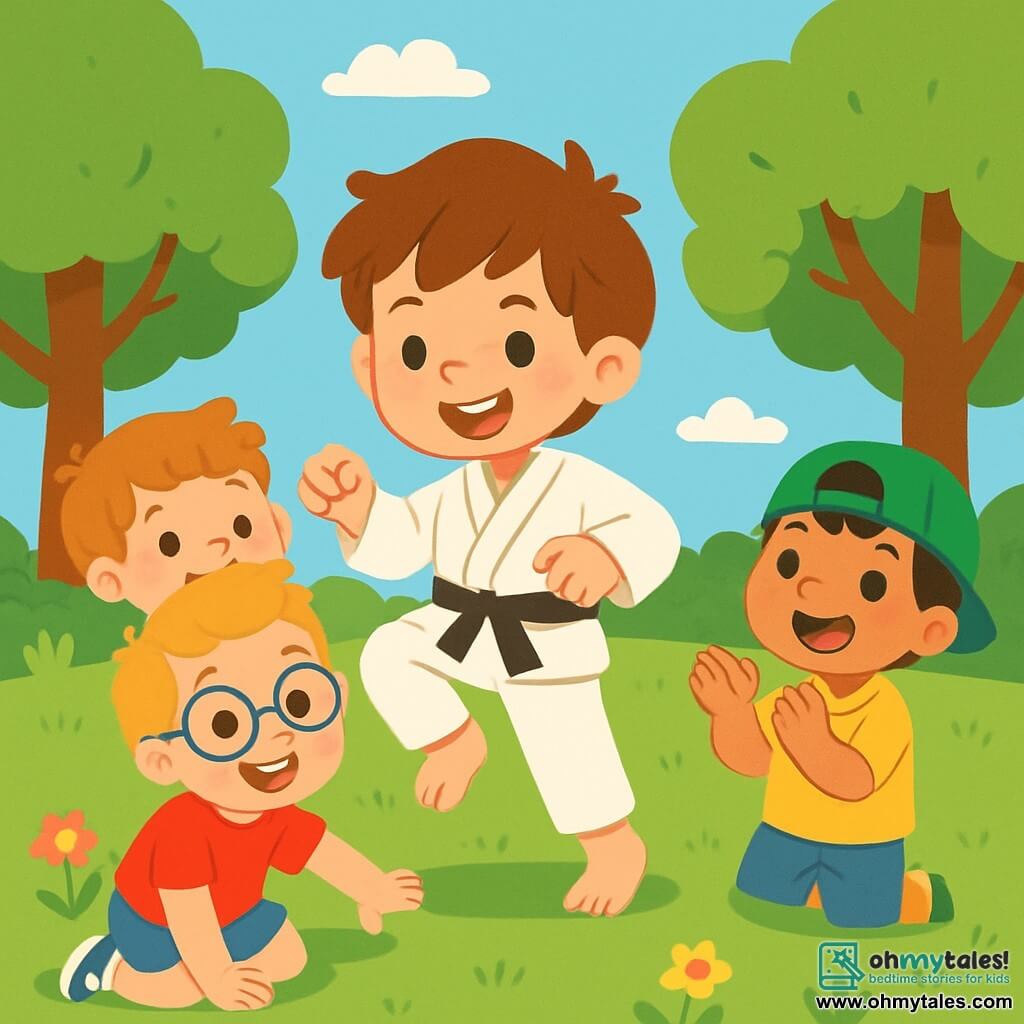 There are 4 children: Sam, a 6-year-old boy with messy brown hair, wearing a white karate gi, stands in the center, smiling and ready to demonstrate a kick. Max, a 5-year-old boy with blonde hair and glasses, wearing a red t-shirt and blue shorts, is to the left of Sam, getting up after a fall with a big smile. Leo, a 6-year-old boy with black hair and a green cap, wearing a yellow t-shirt, is to the right of Sam, clapping enthusiastically. Ben, a 5-year-old boy with brown hair and freckles, wearing a light blue t-shirt, is behind Sam, jumping for joy. The setting is a sunny park with large green trees, colorful flowers, and a clear blue sky, featuring a well-maintained lawn where the children play. The main scene shows Sam demonstrating a karate kick while Max gets up, Leo claps excitedly, and Ben jumps for joy, all smiling and showcasing teamwork and fun in their karate play.