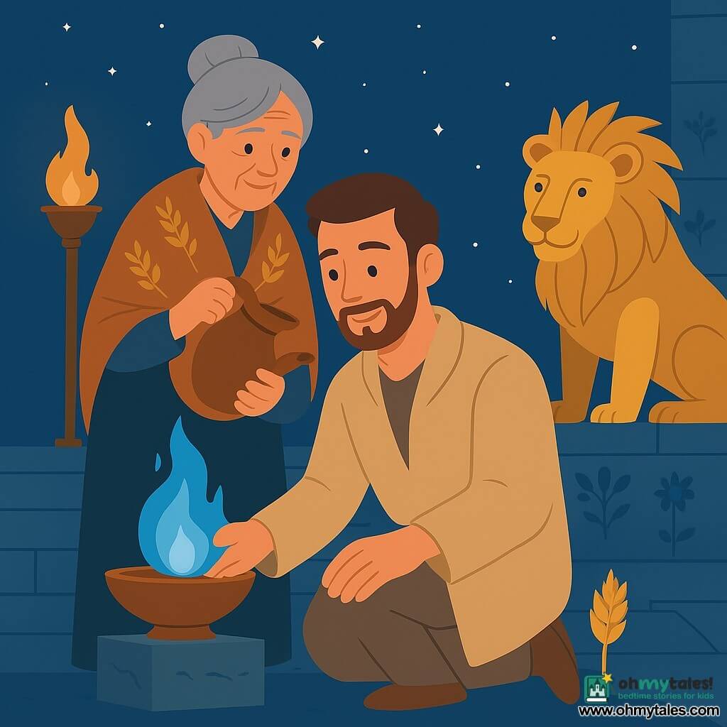 A tall, young adult smiling man with short brown hair and a neat beard, kneeling in a dusty beige coat with his right hand cupping a small blue flame in a bronze bowl on a pedestal; behind him to his left stands an elderly woman (about 70) with grey hair in a bun, a kind wrinkled face and a shawl embroidered with wheat, setting an oil jar on the pedestal; to the man's right floats a small luminous Pazu-like spirit, like a golden dust child with wheat-colored filaments, holding a gleaming drop of water; in the background a stylized golden lion with a graphic mane rests on a lower step offering a glowing disk; the scene is atop a temple reached by wide stone steps, walls carved with winged bulls and blue flowers, under a soft starry night lit by bronze lamps and a small sheaf of golden wheat beside the bowl — a calm vigil of tending the sacred flame with oil and offerings, warm firelight contrasting with blue night tones, composition centered and clear for a child.