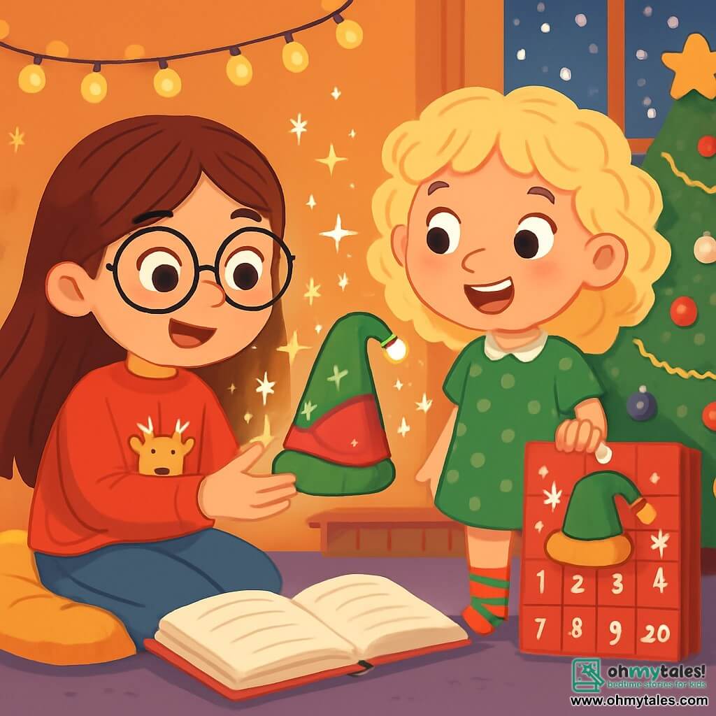 There are two main characters: Mia, an 8-year-old girl with long brown hair and round glasses, wearing a red sweater with a reindeer pattern and jeans, sitting on a fluffy cushion holding a small elf hat; and Zoe, an 8-year-old girl with curly blonde hair, wearing a green polka dot dress and striped socks, standing next to Mia, smiling, with a large open book in front of them. The setting is a cozy room decorated with twinkling fairy lights and a bright Christmas tree adorned with colorful ornaments and golden garlands. Snowflakes gently fall outside the window, creating a magical atmosphere. The main situation shows Mia and Zoe discovering a sparkling elf hat on their Advent calendar, with stars and snowflakes floating around them as they prepare to read the mischievous elf's message.