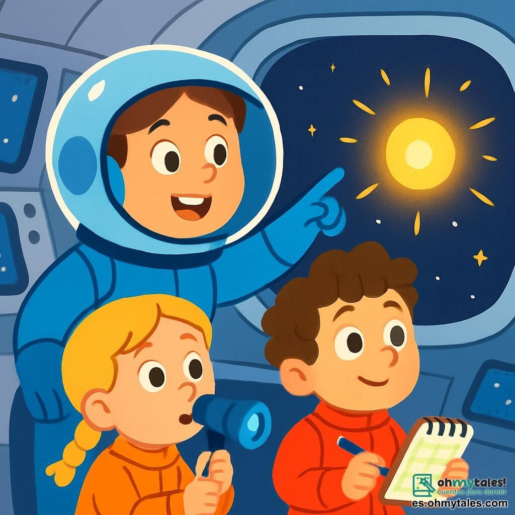 Ana, una científica sonriente, lleva un traje espacial azul brillante con un gran casco transparente. Está llena de emoción, con los ojos brillantes, mientras señala una luz misteriosa a través de la ventana de la nave espacial. A su lado, un niño de 8 años, con cabello castaño y rizado, mira maravillado. Lleva un traje espacial rojo y sostiene un cuaderno, listo para dibujar lo que ve. Otra niña de 7 años, con trenzas rubias, está sentada cerca de él, con los ojos abiertos, sosteniendo un pequeño telescopio. La escena se desarrolla dentro de una nave espacial futurista, con paredes lisas y brillantes, pantallas luminosas mostrando estrellas centelleantes y una vista espectacular del espacio a través de grandes ventanas. Ana y los niños descubren una luz extraña y brillante en la oscuridad del espacio, llenos de curiosidad y asombro, listos para explorar este nuevo misterio juntos.