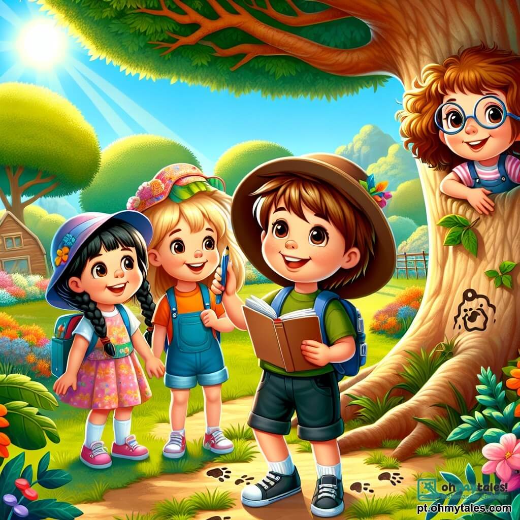 Quatro jovens aventureiras estão debaixo de uma grande árvore em um parque ensolarado. Clara, uma menina de seis anos com cabelos castanhos trançados e um sorriso radiante, segura um pequeno caderno e um lápis, pronta para anotar pistas. À sua esquerda, Sofia, uma menina de seis anos com um chapéu de sol colorido e cabelos loiros, observa atentamente ao seu redor, cheia de entusiasmo. À direita de Clara, Júlia, uma menina de seis anos com cabelos cacheados e óculos redondos, aponta para pegadas na grama, com os olhos brilhando de curiosidade. Por fim, Ana, uma menina de seis anos em cadeira de rodas, com cabelos castanhos e um grande sorriso, observa o grupo com admiração, segurando uma pequena caixa de cenouras. O parque é um lugar mágico, cheio de vegetação exuberante, flores coloridas e um céu azul radiante. Ao longe, pode-se ver uma cabana de madeira e uma horta cheia de legumes. As quatro amigas estão em uma investigação para descobrir o mistério de um coelho mágico que desaparece com as cenouras do parque. Elas se inclinam sobre as pegadas na grama, prontas para resolver esse mistério juntas, enquanto compartilham risadas e alegria.