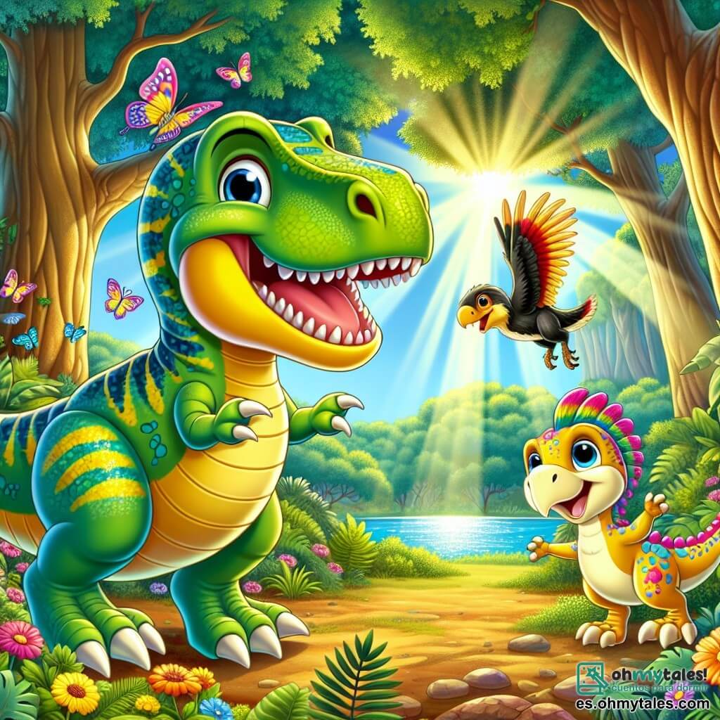 Un joven Tyrannosaurus Rex llamado Tito, con escamas verdes y amarillas brillantes, está en el centro de la escena, con ojos brillantes de emoción y una gran sonrisa en su rostro. A su lado, su amigo Rolo, un velociraptor de plumas coloridas, salta alegremente, sus ojos llenos de curiosidad, mientras que Estela, una pequeña estegosaurio con espinas rosas en la espalda, los observa con admiración, levantando sus patas delanteras como si quisiera unirse a la aventura. La escena transcurre en una jungla exuberante, con grandes árboles que se elevan hacia el cielo y hojas verdes brillantes que filtran la luz del sol. Flores coloridas adornan el suelo y mariposas multicolores danzan en el aire cálido. A lo lejos, un lago brilla bajo los rayos del sol, añadiendo un toque de magia al entorno. Tito, Rolo y Estela están frente a la entrada de una cueva misteriosa, con rostros iluminados por la curiosidad, listos para entrar en la cueva oscura, donde brillantes cristales relucen en su interior, prometiendo increíbles descubrimientos y historias olvidadas por contar.