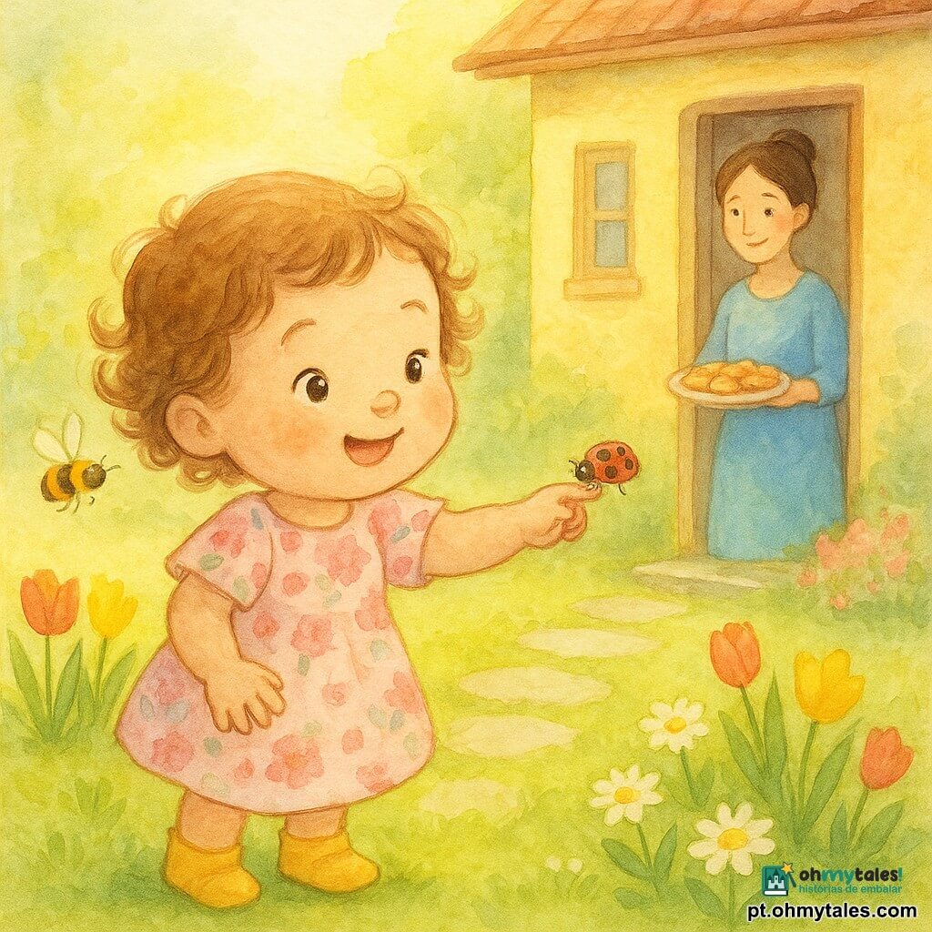 Menina de 2 anos, alegre e encantada, cabelos castanho-claro em pequenas cachos, bochechas rosadas, veste vestido floral rosa e botinhas amarelas, estende a mão para uma joaninha no indicador; mãe adulta (~30 anos), sorridente e amável, cabelo castanho preso em coque, de pé na porta do pavilhão segurando um prato de bolos, observando a menina ao fundo à direita; pequena abelha amarelo e preta zumbindo perto das flores com asas translúcidas; jardim de primavera com relva verde, tulipas vermelhas e amarelas, margaridas brancas, um arbusto florido rosa e um caminho de pedras até a porta; luz quente da manhã, sombras suaves e reflexos dourados nas folhas; cena centrada na menina e na joaninha, enquadramento próximo à altura da criança, paleta pastel luminosa, texturas aquareladas e contornos delicados.