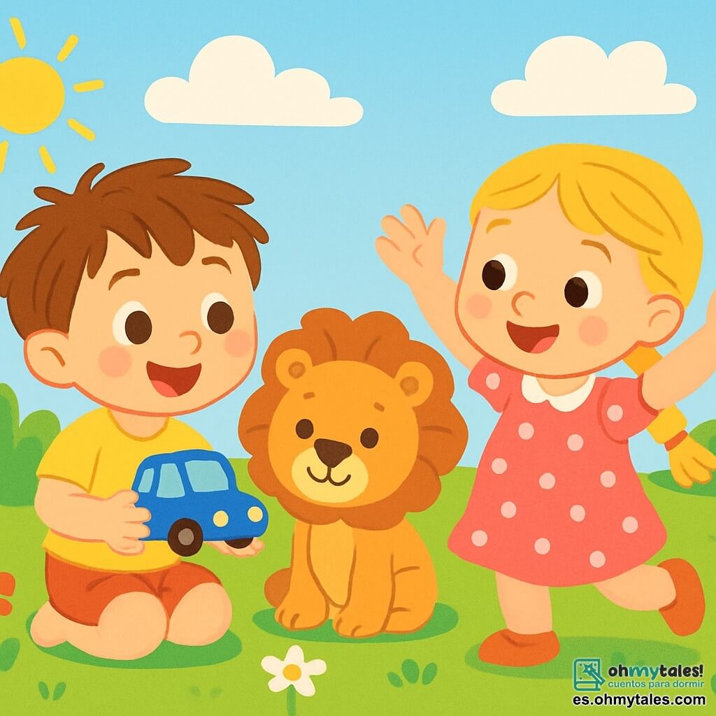 Un niño de 2 años, Tomás, con cabello castaño desordenado y ojos llenos de curiosidad, sonríe alegremente mientras sostiene un pequeño coche azul brillante. A su lado, su amigo León, un suave y amigable león de peluche, lo mira con ojos redondos y una sonrisa cálida. Un poco más lejos, Sofía, una niña de 3 años con largas trenzas rubias y un vestido rosa con puntos, se acerca levantando los brazos para pedir jugar. La escena se desarrolla en un jardín soleado, lleno de flores coloridas y hierba verde brillante, con un cielo azul claro salpicado de algunas nubes blancas y esponjosas. Tomás, León y Sofía están reunidos alrededor del coche azul, riendo y divirtiéndose juntos, compartiendo un momento de alegría y amistad.
