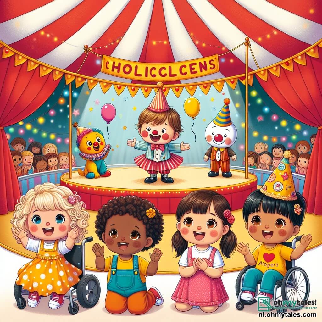 Vier kleine meisjes van vier jaar oud zitten onder een groot, kleurrijk circusdoek in rood en wit. Lotte, met blond, krullend haar, draagt een stippenjurk en lacht terwijl ze naar een clown op het podium wijst. Mila, met bruin haar en een klein vlechtje, zit naast haar, met grote ogen van vreugde. Nora, met kastanjebruin, steil haar, draagt een gele t-shirt en applaudisseert enthousiast. Tot slot is Emma, met zwart haar en een grote glimlach, in haar rolstoel, met een leuk feesthoedje, en helpt de clown op het podium.

Het circusdoek is versierd met fonkelende lichtslingers en kleurrijke ballonnen drijven in de lucht. In het midden staat een ronde scène omringd door verwonderde toeschouwers, terwijl een jongleur in een kleurrijk kostuum ballen in de lucht gooit.

De hoofdscène toont Emma op het podium, de clown naast haar, beiden lachend terwijl ze zich voorbereiden om een grap te maken met slagroomtaarten. De toeschouwers, inclusief de vier vriendinnen, zijn gebiologeerd door dit leuke en magische moment.
