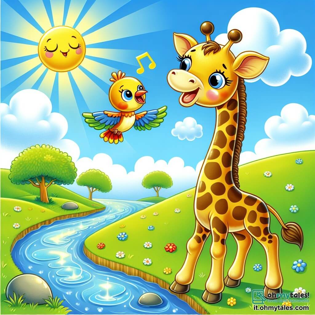 Una giraffa di nome Gigi, con un lungo collo elegante e macchie dorate brillanti, si trova felicemente accanto a un ruscello scintillante, con un sorriso caldo sul volto. Accanto a lei, un piccolo uccello colorato, con piume rosse e gialle, vola attorno a lei, cantando allegramente e puntando il becco verso il cielo. Sullo sfondo, una collina verde si erge sotto un cielo blu brillante, punteggiato da alcune nuvole bianche e soffici. Gigi, piena di curiosità, cerca un raggio di sole perduto, mentre l'uccello la incoraggia con entusiasmo, creando un'atmosfera amichevole e gioiosa.