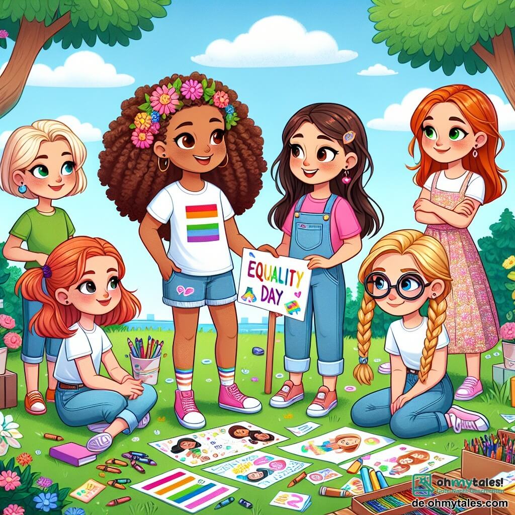 In einem sonnigen Garten versammeln sich fünf Freundinnen, um eine Veranstaltung zur Geschlechtergerechtigkeit zu organisieren. Mia, ein neun Jahre altes Mädchen mit braunen Locken, trägt ein rosa T-Shirt und blaue Shorts und hält ein großes, farbenfrohes Schild mit dem Titel "Tag der Gleichheit". Leni, ebenfalls neun, hat glattes, blondes Haar und trägt ein Blumenkleid; sie sitzt im Gras und zeichnet Plakate. Sara, mit schwarzen Zöpfen, trägt ein grünes T-Shirt und Jeans und zeigt Leni eine Spielidee auf einem Blatt. Emma, ein weiteres neunjähriges Mädchen mit roten Haaren und Brille, liest konzentriert ein Buch über Gleichheit, während sie auf einer Picknickdecke sitzt. Anna, ein Mädchen im Rollstuhl mit braunen Haaren und lila Kapuzenpullover, lächelt und hält eine Box mit Preisen für die Spiele. Der Garten ist voller bunter Blumen, mit grünen Bäumen im Hintergrund und einem klaren blauen Himmel. Die fünf Freundinnen arbeiten zusammen, tauschen Ideen aus und lachen, während sie eine unterhaltsame und lehrreiche Veranstaltung zur Feier der Gleichheit zwischen Jungen und Mädchen vorbereiten.