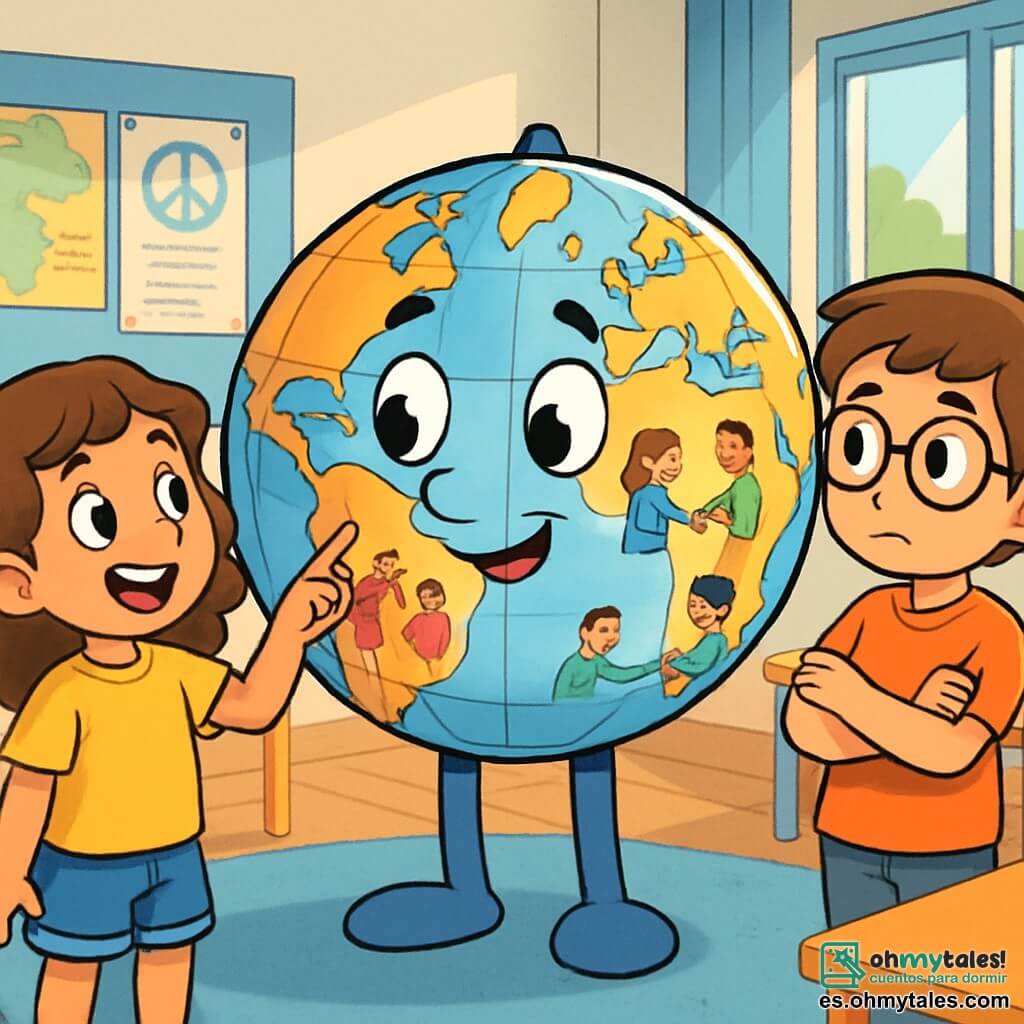 Globi, un gran globo terráqueo sonriente, se encuentra en el centro de la escena, con ojos brillantes de curiosidad y una ligera sonrisa cálida. Está decorado con mapas coloridos que representan continentes y océanos, y sus líneas de latitud y longitud son claramente visibles. A su lado, Lucía, una niña de cabello castaño y rizado, lleva una camiseta amarilla brillante y un pantalón corto de mezclilla. Ella mira a Globi con asombro, sus ojos brillando de emoción, mientras señala una ciudad en el globo. Marcos, un niño con gafas redondas y cabello castaño, se encuentra un poco más atrás, con los brazos cruzados, mostrando una expresión de reflexión. Observa atentamente la conversación entre Globi y Lucía, listo para hacer una pregunta. El decorado es un aula luminosa, con paredes pintadas de azul claro, carteles educativos colgados y una gran ventana que deja entrar la luz del sol. Hay escritorios coloridos dispuestos alrededor de la sala y una alfombra suave en el suelo, donde los niños pueden sentarse. La situación principal muestra a Globi explicando a los niños la noción de conflicto y paz, con ilustraciones de países y personas en su globo, mientras Lucía y Marcos intercambian ideas sobre cómo resolver conflictos con gestos amistosos.