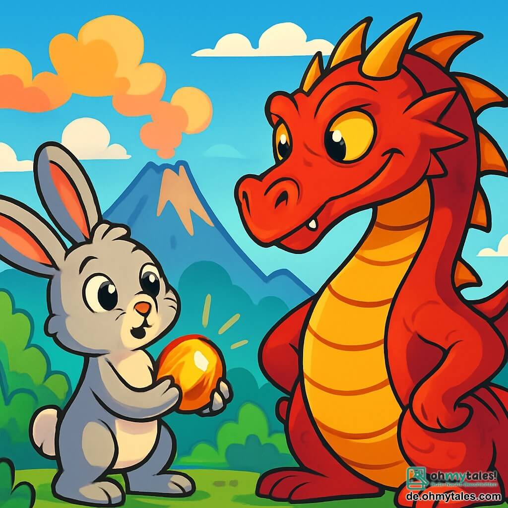 Ein kleiner grauer Hase namens Hoppel mit großen Ohren und neugierigen Augen steht in der Mitte des Bildes und hält eine leuchtende Kugel in seinen Vorderpfoten. Er zeigt einen Ausdruck von Staunen und Entschlossenheit. Neben ihm beobachtet ein großer Drache mit roten und goldenen Schuppen, schelmischen Augen und einem schiefen Lächeln Hoppel interessiert, bereit, die Herausforderung eines Spiels anzunehmen. Im Hintergrund erstreckt sich eine bezaubernde Landschaft mit rauchenden Bergen und üppigen Wäldern, während bunte Wolken am strahlend blauen Himmel schweben. Die Szene fängt den Moment ein, in dem Hoppel, der furchtlose Held, sich darauf vorbereitet, den Drachen herauszufordern, um den kostbaren Feuerkristall zu gewinnen.