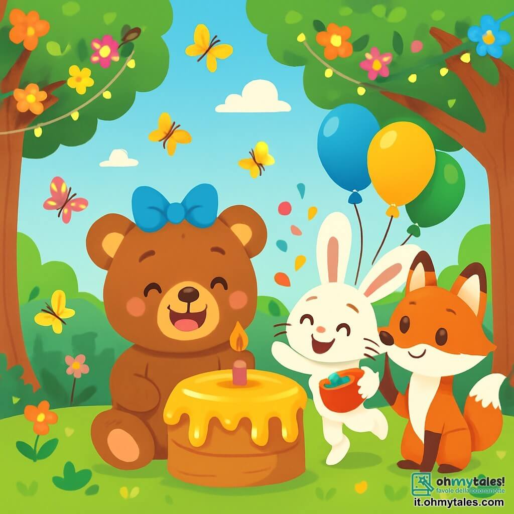 Orsetto Bruno, un piccolo orso di peluche con pelliccia marrone e occhi scintillanti di gioia, è al centro della scena, sorridendo ampiamente con una grande torta di compleanno a forma di miele davanti a lui. Indossa un fiocco blu sulla testa e le sue guance sono rosa di eccitazione. Accanto a lui, Lepre Saltellina, una piccola coniglietta dalle grandi orecchie e pelliccia bianca, salta gioiosamente, tenendo una scatola di coriandoli colorati, con il viso radioso di felicità. Volpe Furbetta, una volpe astuta con pelliccia arancione brillante e occhi maliziosi, fa volare palloncini colorati, mostrando un sorriso complice. La scena si svolge in un magnifico boschetto incantato, dove gli alberi sono decorati con ghirlande di fiori vivaci e luci scintillanti. Farfalle danzano attorno a loro, aggiungendo un tocco magico all'atmosfera festiva. Orsetto Bruno e i suoi amici celebrano il suo compleanno con risate, giochi e una torta gigante, creando un'atmosfera gioiosa e piena di magia.