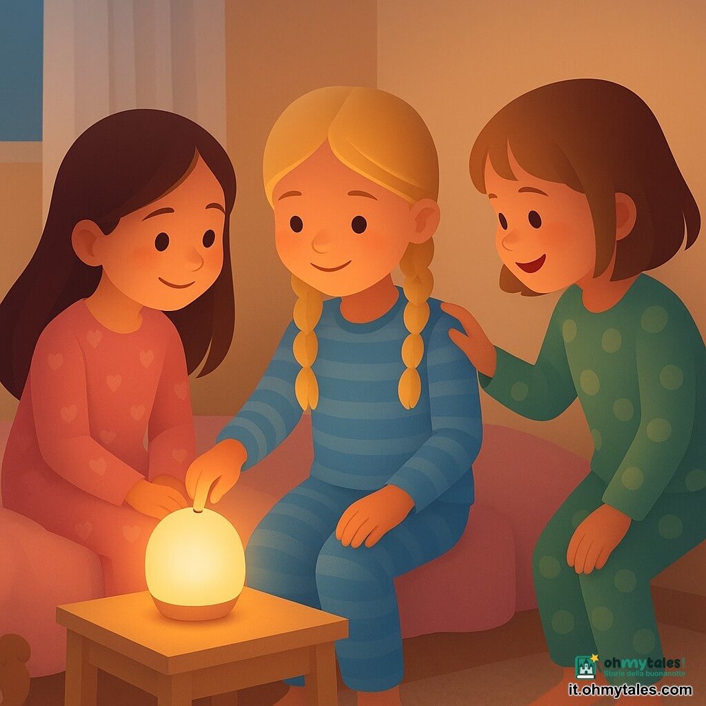 Ci sono tre bambine: Anna, circa 7 anni, capelli castani lunghi, in pigiama rosa a cuori, seduta sul letto a sinistra che sorride timidamente e tiene la mano di Sofia; Sofia, circa 8 anni, capelli biondi in due trecce, in pigiama blu a righe al centro che accende la luce della lampada da notte con aria sicura; Chiara, circa 7 anni, capelli castano chiaro a caschetto, in pigiama verde a pois a destra, si china verso Anna sorridendo con una mano sulla sua spalla. La stanza è accogliente con pareti color crema, tappeto beige, peluche sparsi, grande finestra con tende bianche chiuse e letto con coperta rosa; la lampada rotonda sulla piccola notte emette una luce calda arancione-gialla che crea ombre morbide e un'atmosfera rassicurante mentre le tre amiche controllano la camera prima di dormire.