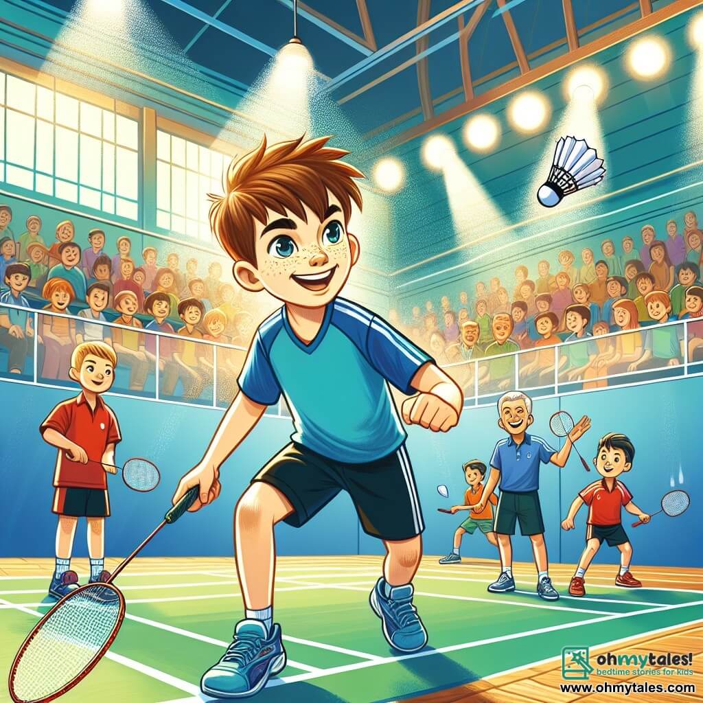 A 12-year-old boy, Jamie, stands in the center of a badminton court, his face radiant with determination and joy. He has messy brown hair, freckles on his nose, and wears a bright blue t-shirt with black shorts. Jamie holds his racket, ready to hit the shuttlecock flying towards him, his eyes shining with excitement. To his right, Alex, also 12, with short blonde hair and a confident smile, prepares to serve. He wears a red jersey and white shorts, displaying a competitive stance. In the background, Coach Sam, a tall and smiling man in his 40s, watches proudly with crossed arms, ready to encourage Jamie. The badminton court is bright, with crisp white lines on polished wood, surrounded by enthusiastic spectators applauding and cheering for the players. Colorful banners float above, adding to the festive atmosphere. The main scene shows Jamie in action, ready to hit the shuttlecock powerfully, while Alex stands poised to defend his side of the court. The energy of competition and sportsmanship is palpable, capturing the essence of a pivotal moment in their match.