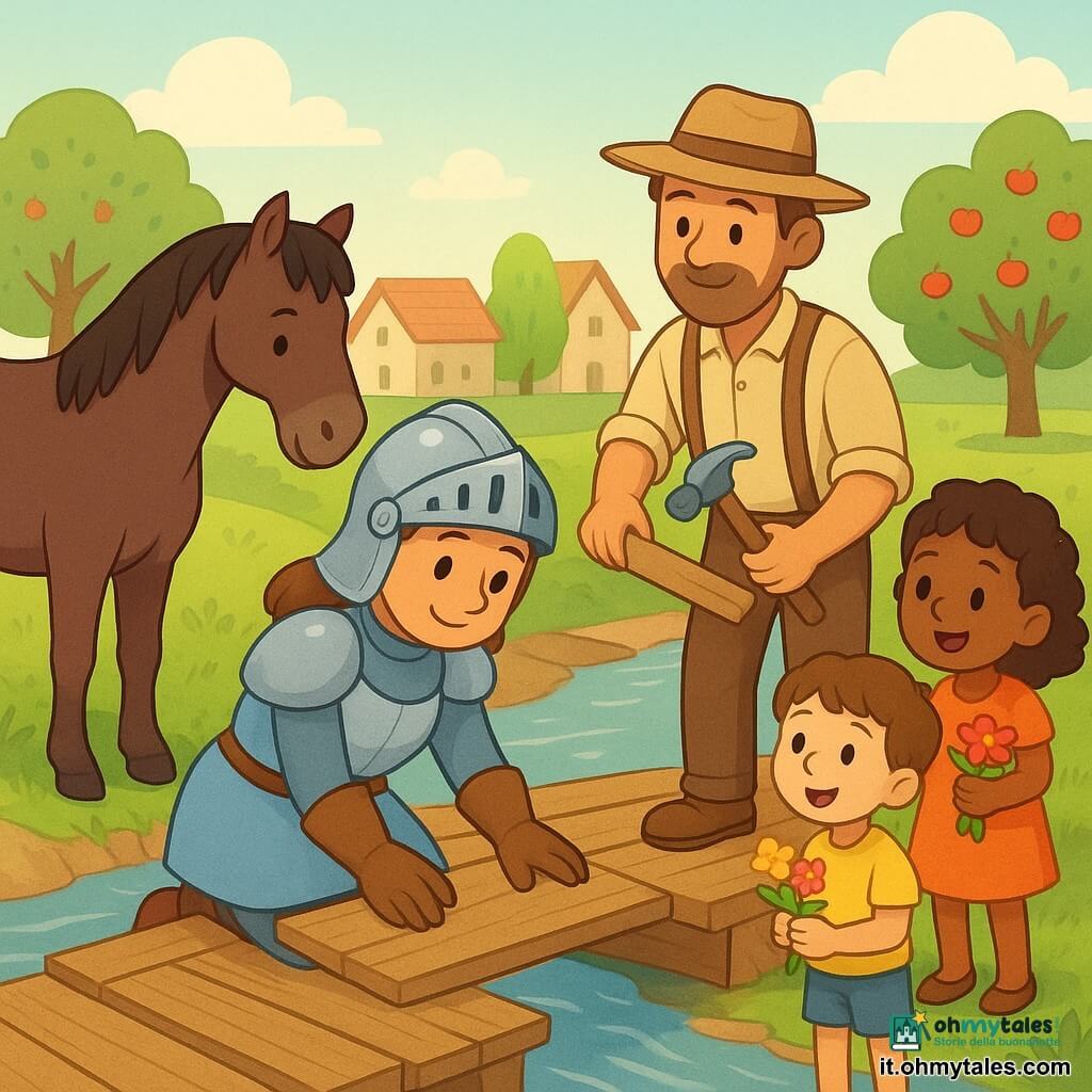 La cavalleressa è al centro, sorridente e concentrata, con elmo argenteo lucente, cotta d'armi azzurra chiara e guanti di cuoio marrone, mentre posa tavole di legno su un ponte rotto; a sinistra un cavallo baio scuro calmo con la testa bassa e gli zoccoli sulla riva la guarda protettivo; un contadino adulto con camicia beige, bretelle e cappello pianta un chiodo vicino a lei sul ponte riparato; sulla riva una bambina e un bambino tengono fiori, occhi spalancati e sorrisi ammirati; scena su un ponte di legno parzialmente rotto sopra un fiume limpido, sponde erbose, case del villaggio con tetti rossi e alberi da frutto sullo sfondo; la cavalleressa ripara il ponte con aiuto, gesti calmi e determinati, luce soffusa del tardo pomeriggio e atmosfera calda e rassicurante.