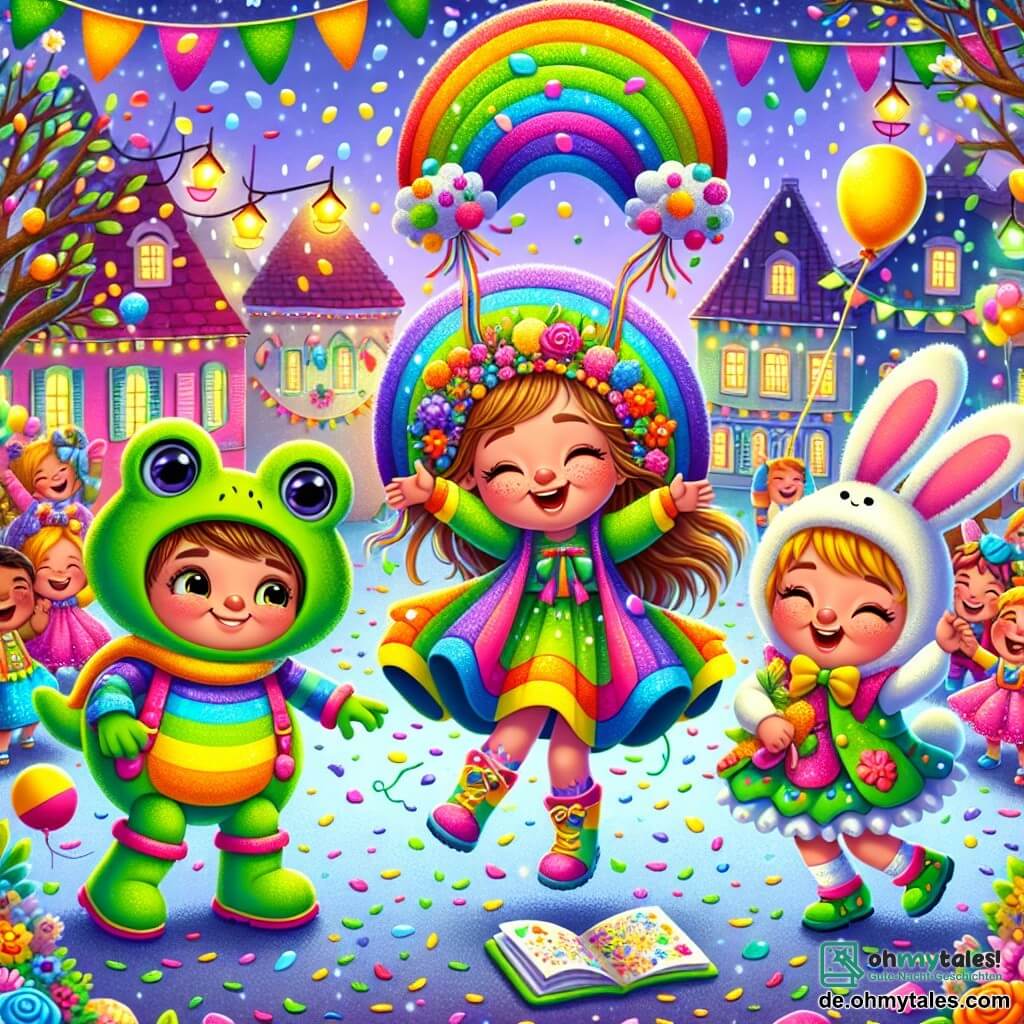 Ein 8-jähriges Mädchen, Lilli, strahlend und voller Freude, trägt einen bunten Regenanzug mit einem großen Regenbogenmantel und einem Haarband, das mit kleinen Baumwollwolken verziert ist. Sie springt vor Glück, ihre Augen glänzen vor Neugier und Aufregung. Neben ihr steht Paul, ein 8-jähriger Junge, der als Frosch verkleidet ist, mit glänzender grüner Haut und runden Augen, lächelnd und einen kleinen Ballon haltend. Hanni, ein 7-jähriges Mädchen, ist als Hase mit großen weißen Ohren und einer Plüschkarotte gekleidet und tanzt fröhlich um sie herum. Die Szenerie zeigt ein Karnevalsviertel mit bunten Häusern, die mit glitzernden Girlanden geschmückt sind, schwebenden Laternen und Kindern in verschiedenen Kostümen, die tanzen und lachen. In der Mitte steht ein großer Baum, geschmückt mit bunten Bändern und sanft fallenden Konfetti. Die Hauptsituation zeigt Lilli, Paul und Hanni, die eine glänzende Karte auf dem Boden entdecken, umgeben von anderen fröhlichen Kindern, während sie sich auf die Suche nach einem versteckten Schatz machen, ihre Gesichter erleuchtet von der Aufregung eines magischen Abenteuers.