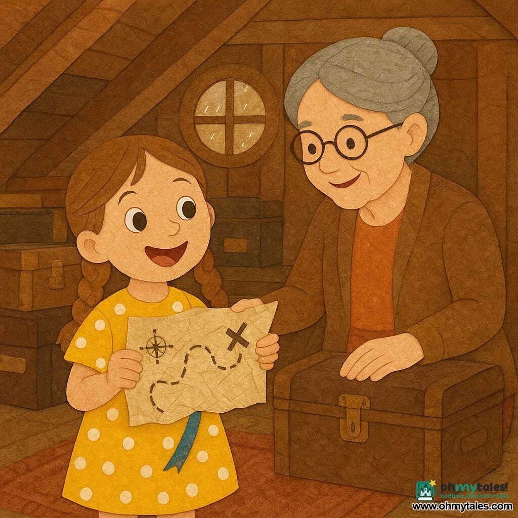 A curious, enthusiastic 6-year-old girl with light brown braided hair and bright eyes in a yellow polka-dot dress holds a crumpled treasure map to her chest; a smiling ~70-year-old grandmother with gray hair in a bun and round glasses sits on an old trunk, pointing to a small metal box beside her; the girl stands in the foreground on a worn rug, the grandmother slightly back to the right with her hand on the map; a warm, dusty attic with visible beams, old trunks, stacked books, and a small round window letting golden light and raindrops in; the main moment shows the girl discovering the map with a blue ribbon still attached, her face full of wonder and the grandmother encouraging; visual style: paper-cut collage with visible paper textures, warm ochre/yellow/brown palette and sharp graphic details like ink rings on the map and wood grain.