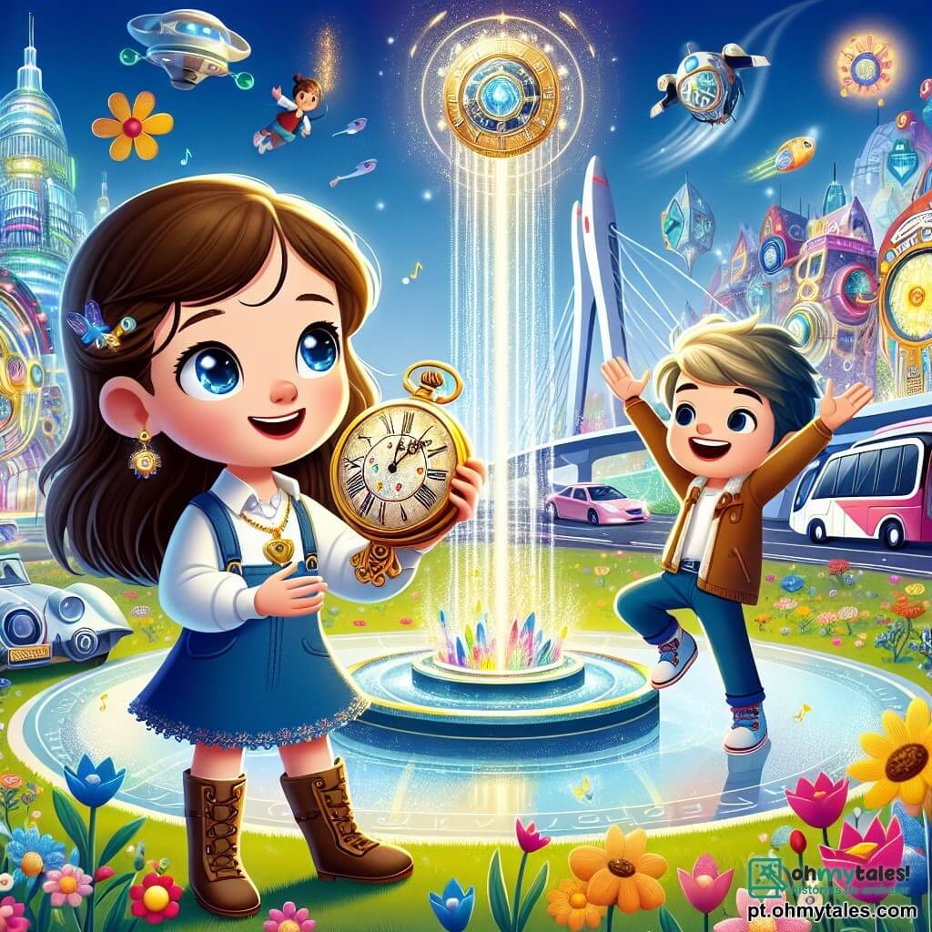 Clara, uma menina de 8 anos com longos cabelos castanhos e olhos brilhantes de curiosidade, está no centro da imagem, segurando um magnífico e antigo relógio brilhante em suas mãos. Seu rosto expressa grande surpresa e admiração enquanto ela descobre um mundo futurista. Ao seu lado está Leo, um menino de 9 anos com cabelos azuis e um sorriso radiante, que gesticula entusiasticamente mostrando as maravilhas da cidade. O cenário é uma cidade futurista, com edifícios de formas estranhas e coloridas, veículos flutuando no céu e árvores com folhas luminosas que dançam ao vento. Flores cantantes cercam Clara e Leo, adicionando um toque mágico à cena. A situação principal mostra Clara, maravilhada, descobrindo o poder do tempo e do aprendizado, enquanto se encontra diante de uma fonte cintilante que parece guardar segredos do futuro.