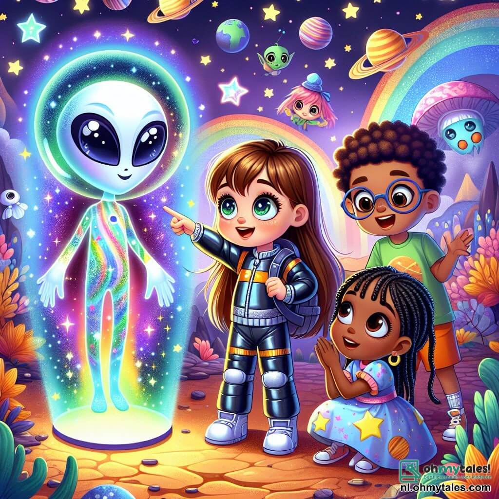 In het midden van de afbeelding staat een 8-jarig meisje genaamd Lila, met lange bruine haren en nieuwsgierige ogen, die verwonderd naar een hologram van een kleurrijke alien kijkt. Ze draagt een glanzend ruimtepak en houdt een kleine fonkelende ster in haar hand, met een gezicht vol opwinding en verwondering. Naast haar staat Sam, een 8-jarige jongen met rommelig blond haar en ronde bril, die enthousiast glimlacht en naar de alien wijst. Hij draagt een blauwe t-shirt met sterrenpatronen en staat een beetje op de achtergrond, klaar om het verhaal van de alien aan te horen. Noor, een ander 8-jarig meisje met gevlochten zwart haar, zit naast Lila en bestudeert aandachtig de kleine ster die ze heeft gevonden. Ze draagt een kleurrijke jurk met planetenpatronen en lijkt gefascineerd door de ontdekking. De achtergrond toont een levendige buitenaardse planeet met gigantische bloemen in felle kleuren en fonkelende sterren in een paarse lucht. Golvende heuvels en vreemd gevormde bomen dragen bij aan de magische sfeer van de plek. De hoofdscène toont Lila, Sam en Noor rondom het hologram van de alien, die hen uitlegt hoe ze hem kunnen helpen zijn verloren sterren te vinden, wat een sfeer van avontuur en vriendschap creëert.