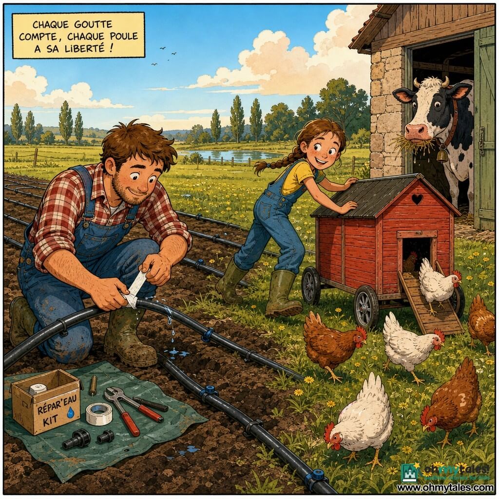 A young man, smiling but focused, holds an irrigation hose and applies a patch to a leak; round face, light beard, plaid shirt, denim overalls and muddy boots. A mischievous 12-year-old girl with braided hair pushes a small red wooden wheeled chicken coop while white and russet hens escape; she stands beside the coop, slightly ahead of the man. A large speckled cow named Daisy with a wet muzzle watches from the barn entrance chewing hay. A wide field of green grass dotted with yellow flowers, dark soil furrows, a distant pond and a line of trees; black irrigation hoses snake across the ground with visible drippers, small dew puddles and tools on a tarp. Morning light, long shadows, clear sky with soft clouds. Colorful Franco-Belgian style, clean lines, warm colors and visible textures (wood, fabric, mud).