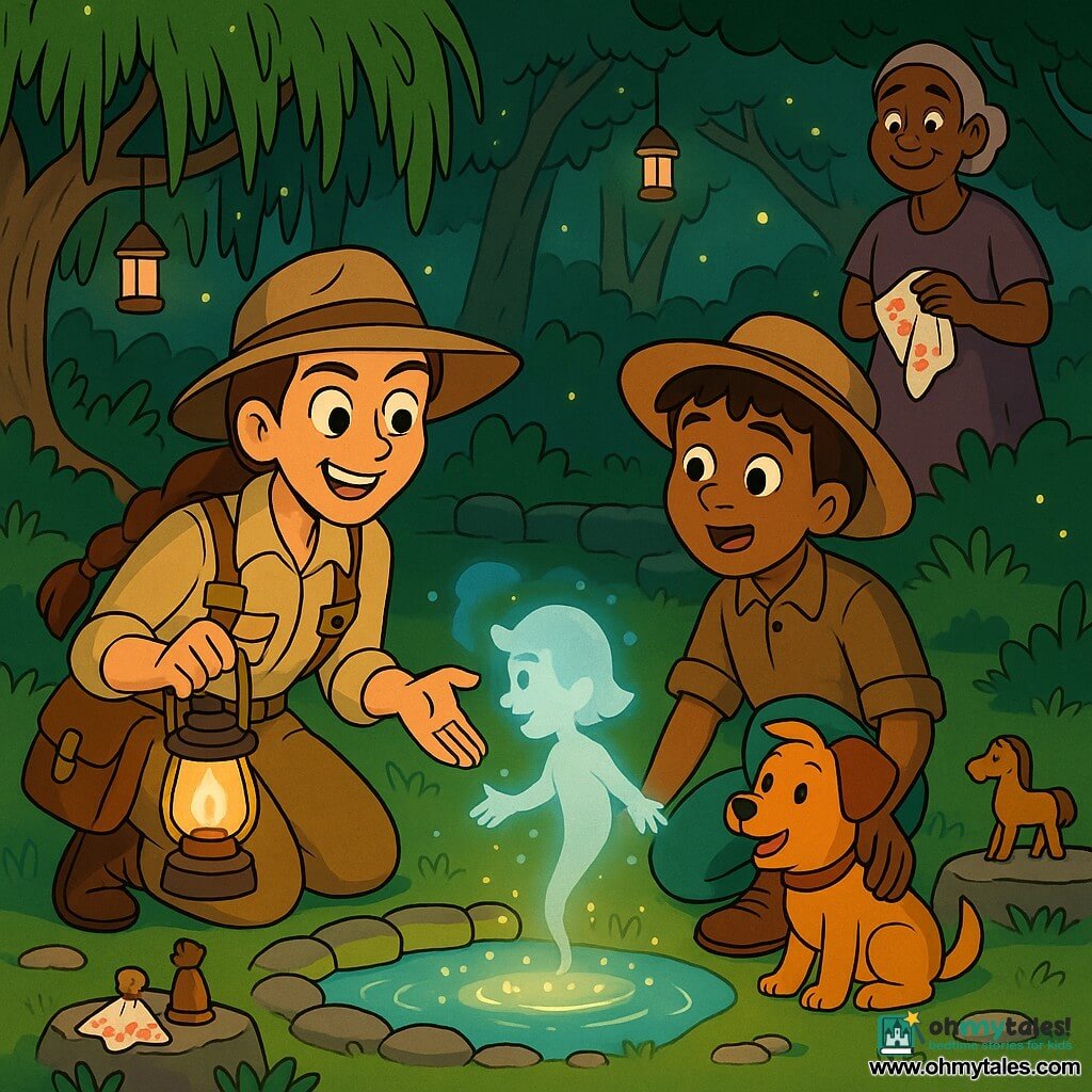 A smiling, determined female explorer with braided brown hair crouches by a small shimmering pool holding a lit lantern and notebook; beside her is Samir, a 10-year-old boy in a wide-brimmed hat, amazed as he pets an orange dog named Mango, while an elderly village woman stands in the background with a grateful smile holding an embroidered handkerchief; the wooded clearing has green grass, white stones, a mossy stone circle, hanging lanterns and fireflies, and the magical scene shows a child-shaped steam mist conversing with the explorer as recovered objects (wooden horse, small copper bell, handkerchief) rest on a nearby stone.