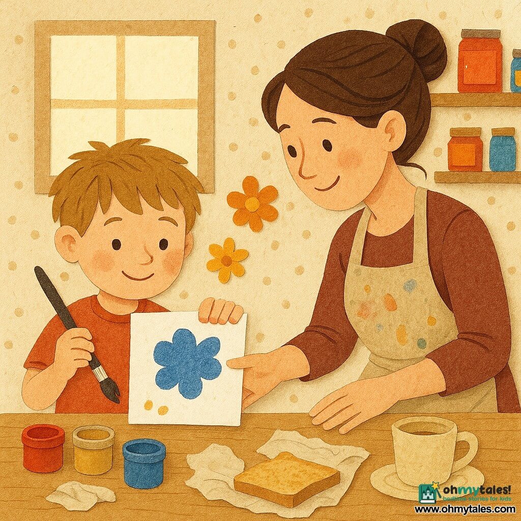 A joyful but slightly bashful 4-year-old boy with tousled light brown hair, round cheeks and orange paint on his fingers holds a white card stained with a large blue paint blot and a small brush in his right hand; his mother, about 30–35, brown shoulder-length hair in a loose bun, soft eyes and a paint-splattered apron, crouches to his right, extending a hand to help; on the light wood table are red, gold and blue paint pots, a cup of tea, torn paper flower shapes, a crumpled dish towel and a slice of toast on a plate; a morning kitchen with a square window casting bright light, dotted wallpaper and shelves of colorful jars forms the backdrop; main action: the boy shows the card with the big blue blot and together they turn it into an orange-and-gold flower, gently collaging paper petals around it in a warm, tender atmosphere.