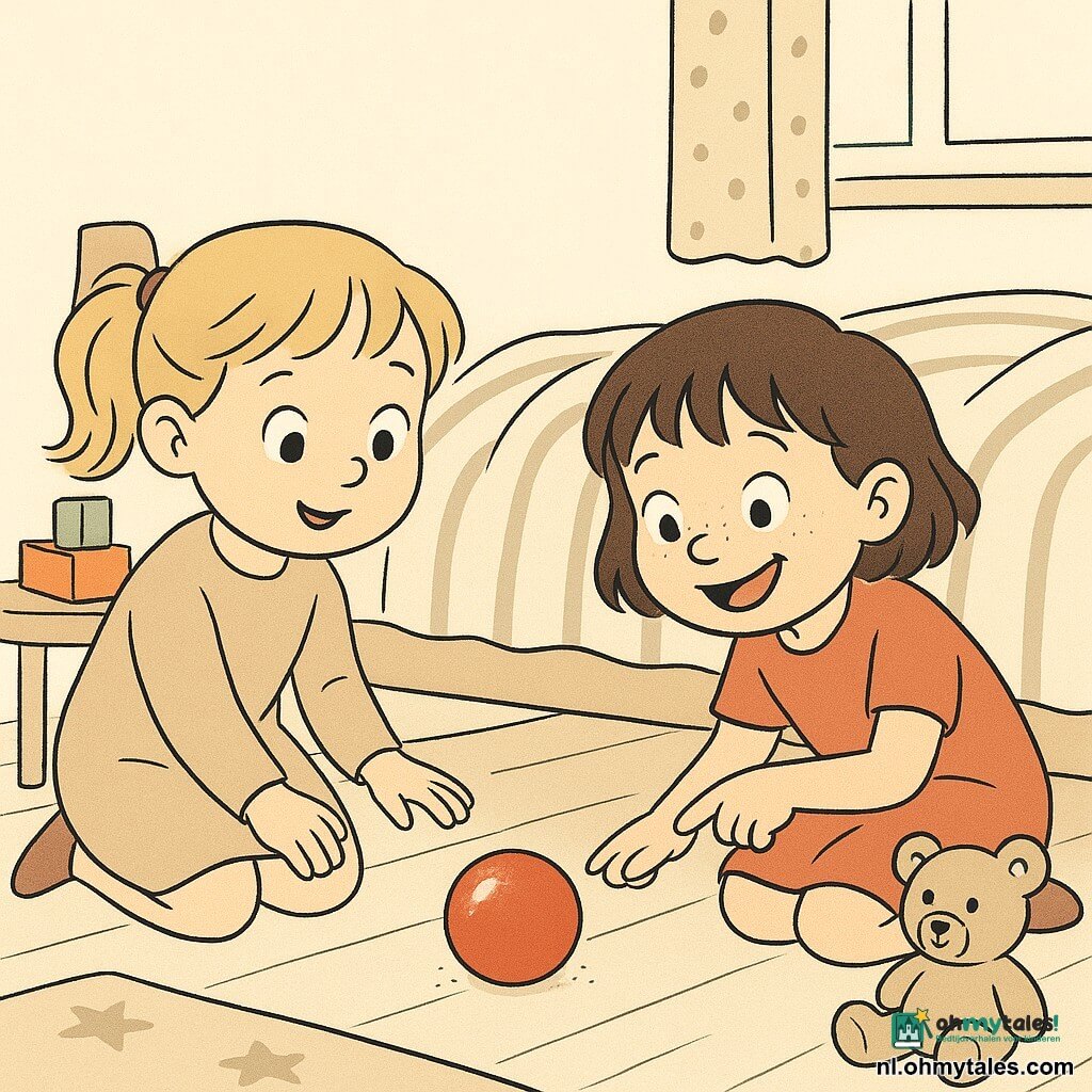 Drie personages: een meisje van ongeveer 4 jaar met blonde dotjes, rond gezicht en nieuwsgierige ogen, knielend links van het bed en reikend naar een rood glanzend maar half verborgen bal; een meisje van ongeveer 4 jaar met kort bruin haar en sproetjes, gehurkt rechts van het bed, wijzend naar de bal met een open glimlach; en een klein beige knuffelbeer met zwarte genaaide ogen op de grond achter de kinderen. Plaats: kinderslaapkamer in doorsnede met lichte houten vloer en klein sterrenkleed, een bed met een verfrommelde deken en gestreept laken, een klein tafeltje met blokken en een laag stoeltje, zachte lichtinval via een raam met gestippelde gordijn. Situatie: de meiden vinden een glanzende rode bal die half onder het bed ligt; hun gezichten tonen vreugde en verrassing, compositie gericht op de vondst van de bal.