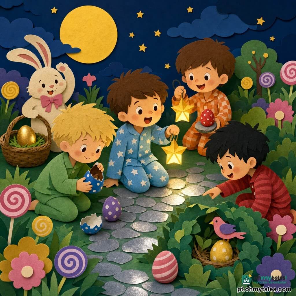 Há cinco personagens: Tomás, 4 anos, cabelo castanho curto, pijama azul-claro com estrelas, no centro segurando uma pequena lanterna amarela, olhar maravilhado; Léo, 4 anos, cabelo loiro desgrenhado, pijama verde, à esquerda ajoelhado abrindo um pequeno ovo de chocolate azul com bolinhas brancas; Bento, 4 anos, cabelo preto, pijama vermelho às riscas, à direita apontando um ovo amarelo escondido sob um pássaro de papel num arbusto miniatura; Rui, 4 anos, cabelo castanho, pijama xadrez laranja, atrás de Tomás segurando uma lanterna e mostrando uma pedra com um ovo vermelho; e um coelhinho da Páscoa de pelo creme com laço rosa atrás de um cesto de vime, acenando e mostrando o último ovo dourado. Cena: jardim de sonho noturno em estilo papel recortado com relva em camadas, flores tipo doces (rosa, amarelo, roxo), lua amarela ao fundo, arbusto e pedra sorridente; solo salpicado de treliças prateadas brilhantes. Situação: as quatro crianças reúnem-se em círculo ao redor do cesto, iluminadas por pequenas lanternas em forma de estrela, procurando e partilhando ovos de chocolate num ambiente caloroso de cores vivas, texturas em sobreposição e expressões de alegria e partilha.