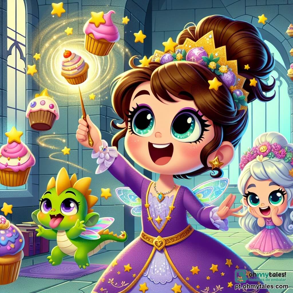No centro da imagem, uma aprendiz de bruxa chamada Lia, uma menina de sete anos com cabelos desgrenhados e olhos brilhando de curiosidade, está lançando um feitiço. Ela usa um vestido roxo adornado com estrelas douradas, e seu rosto expressa uma alegria contagiante. Seus braços estão levantados, segurando uma varinha mágica cintilante, enquanto ao seu redor, cupcakes voadores giram no ar. À sua direita, Tito, um pequeno dragão verde de oito anos com escamas brilhantes, está rindo enquanto tenta pegar um cupcake com a língua. À esquerda de Lia, Bella, uma pequena fada de seis anos com asas iridescentes e um vestido de pétalas de flores, faz gestos cômicos para distrair os cupcakes. O cenário é uma sala de aula mágica, com paredes de pedra decoradas com quadros animados e janelas de cristal que deixam entrar luz colorida. A situação principal mostra Lia e seus amigos em plena diversão, tentando dominar um feitiço que criou uma chuva de cupcakes, repleta de risos e magia.