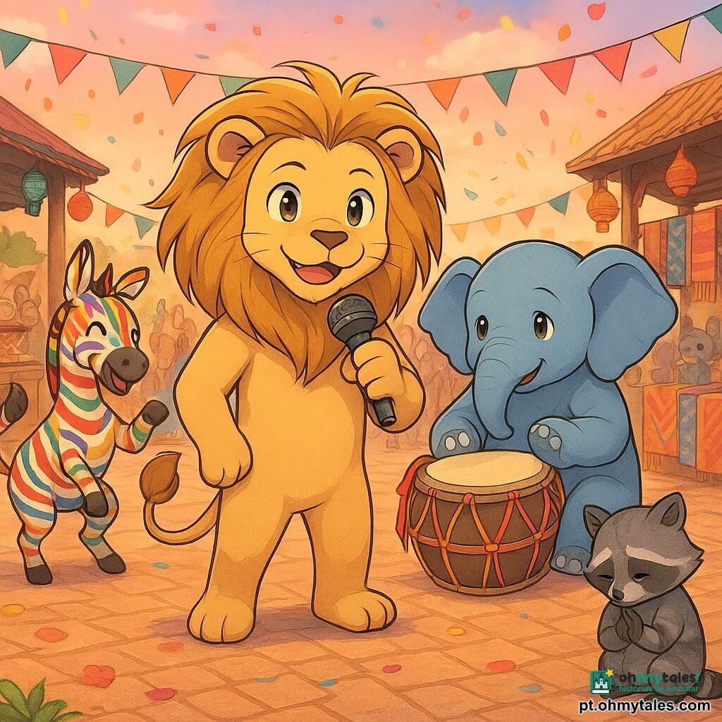 Leo, um pequeno leão de pelo bege claro e longa juba dourada, sorri determinado no centro segurando um microfone; Ravi, um jovem elefante indiano gris-azulado de olhos doces, emocionado e orgulhoso, sentado ao lado tocando um dhol redondo decorado com fitas vermelhas e douradas; Zara, uma pequena zebra de riscas multicoloridas vibrantes inspiradas na África, ri e faz gestos de dança atrás deles; dois guaxinins tímidos de pelagem cinzenta com riscas pretas ficam recuados com a cabeça baixa e mãos unidas em sinal de remorso. A praça da aldeia está cheia de festões coloridos, barracas de madeira com bolos e tecidos, e um palco de madeira decorado com lanternas; luz suave do fim da tarde, céu rosado, confetes e pétalas no ar, chão de calçada em tons quentes. Cena central: desfile alegre que expressa amizade e apoio, rostos de crianças-animais aplaudindo com emoções bem marcadas; estilo gráfico com traços mangá expressivos, cores saturadas, texturas de pelo detalhadas e composição clara para público jovem.