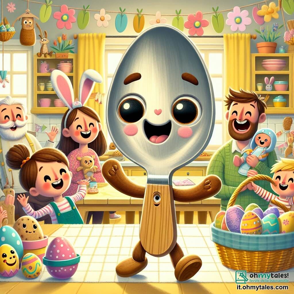 Cucchielmo, un cucchiaio antropomorfico con grandi occhi brillanti e un sorriso gioioso, si trova al centro della cucina, circondato da decorazioni colorate di Pasqua. Sta saltando di gioia, con le braccia di legno sollevate verso il cielo, esprimendo un'eccitazione contagiosa. Accanto a lui, la famiglia Rossi, composta da un papà gioviale con barba bruna, una mamma sorridente con capelli biondi, una piccola ragazza con due codini e un ragazzo birichino con occhiali, ridono insieme tenendo cesti pieni di uova colorate. La cucina è calda e accogliente, con pareti dipinte di giallo pastello, un grande tavolo di legno al centro, decorato con biscotti a forma di coniglio e uova di cioccolato, e festoni di fiori di carta appesi al soffitto. Cucchielmo scopre un uovo di Pasqua scintillante sulla tavola, pronto per iniziare un'avventura magica, mentre la famiglia si prepara a partecipare alla caccia alle uova, piena di gioia e anticipazione.